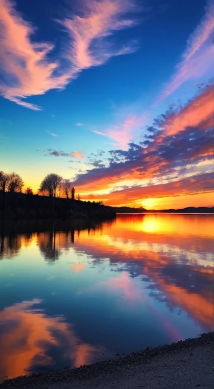 Had a beautiful sunset，Lakes and trees in the background，Colorful sky，Surreal colors，Colorful sunsets，Colorful sky，Marvelous sky reflections，stunning skies，Fantastic atmosphere 8K，Colorful flowing clouds，The color is reflected on the lake，surreal sky，Red and blue reflections，Fire reflection，beautiful sky，Beautiful and spectacular dusk，Beautiful Dreamy Landscape，Amazing sky branches with exquisite details