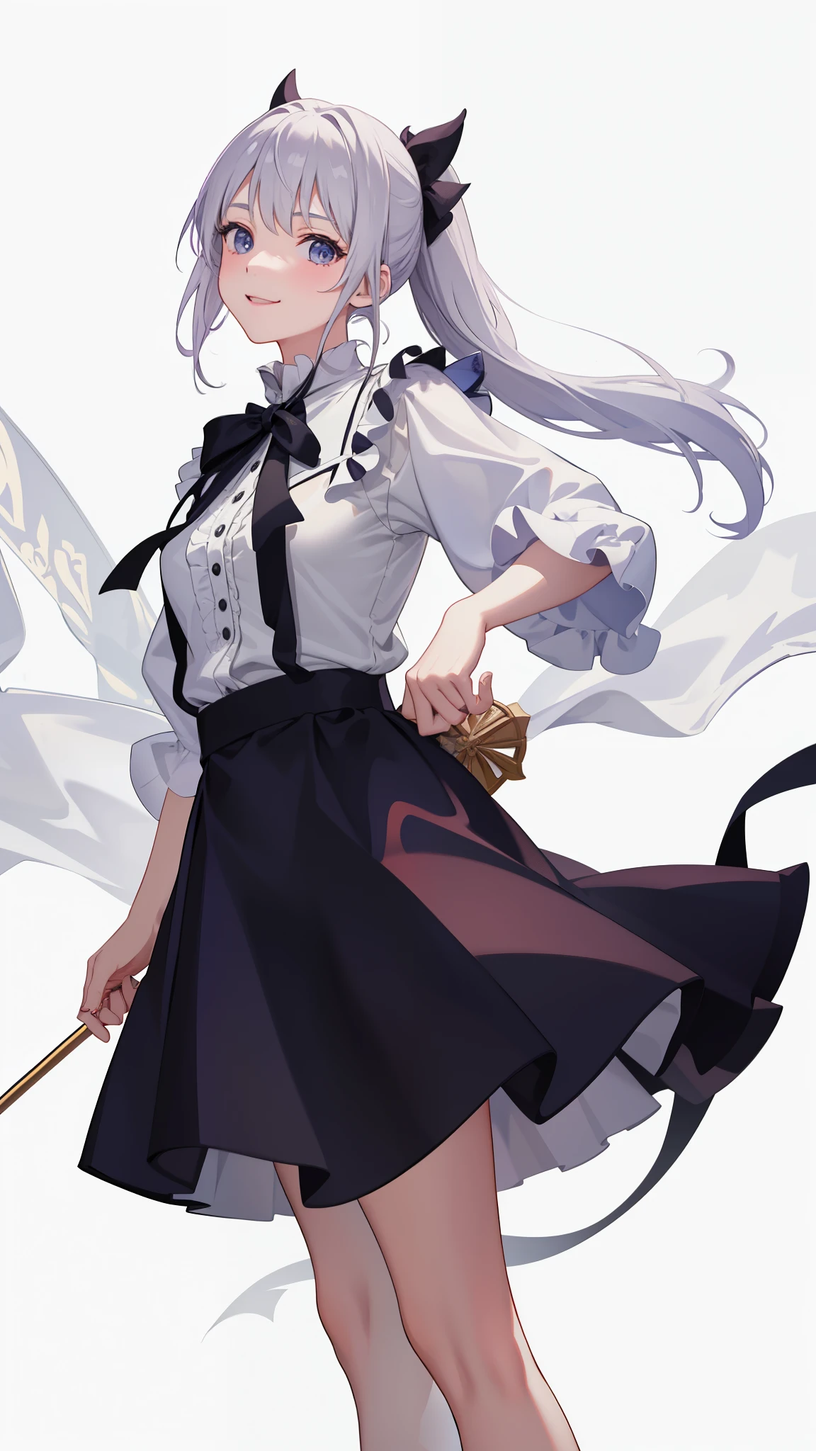 1girl in、notre dame、virgin、imagem 4k、A smile、The shirt、Blouse、(paler)skirt by the、poneyTail、(small tits)Chilarism、movement、