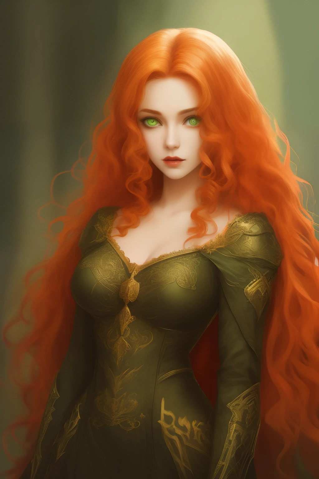 Girl, queen of death with ginger long curly hair, green eyes,