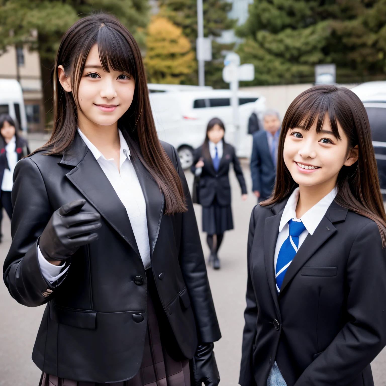 Black leather gloves、Blazer Uniform、Japanese high school girl、Being interviewed