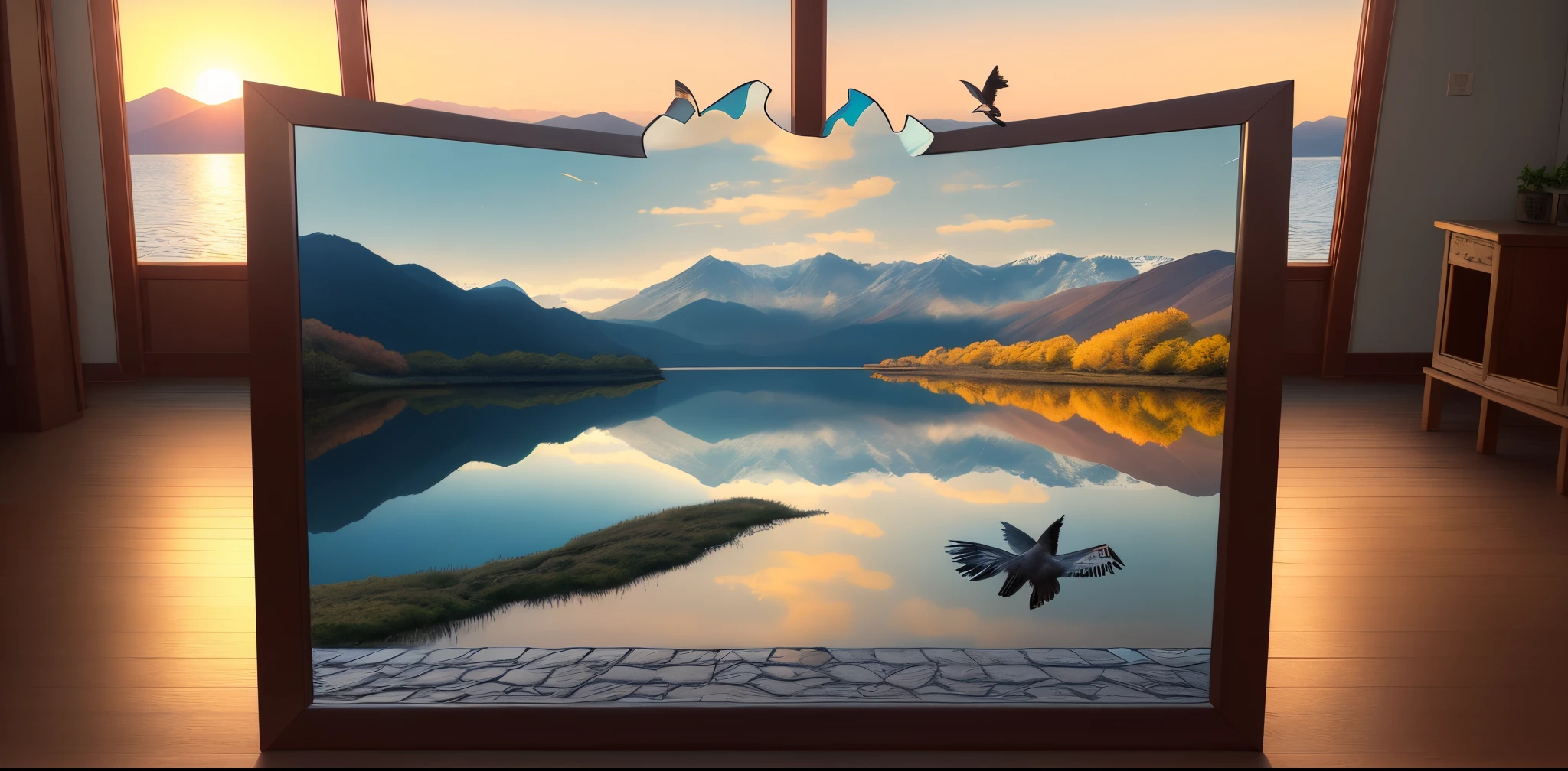 Place an art installation like a photo frame on the edge of Shijiu Lake，There is a mirror inside，There is a hollow stained glass in the middle，It’s the shape of a migratory bird，You can see the scenery of the lake and the sunset through the reflection of the mirror，You can also see birds flying in the sky through the hollows。