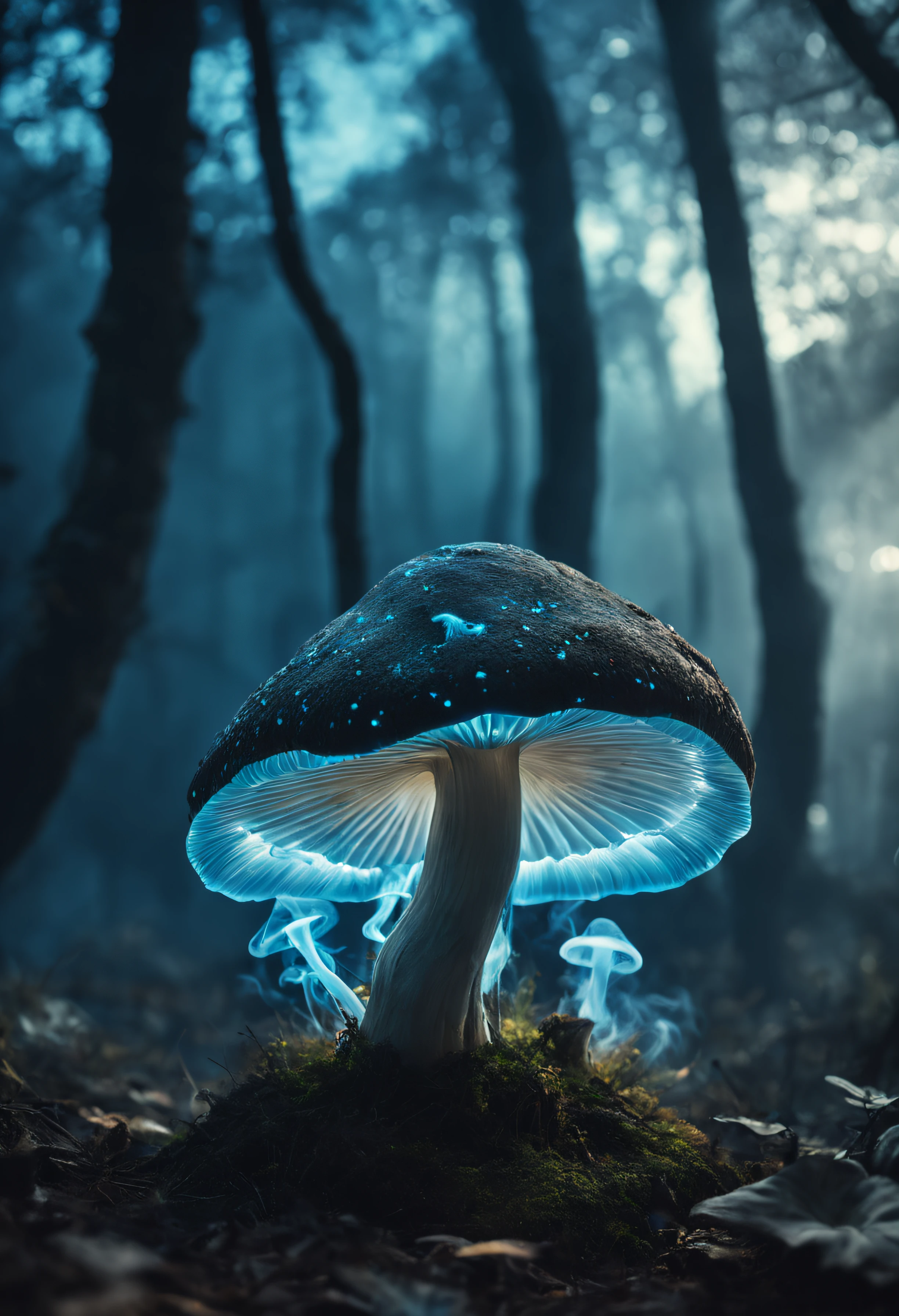 The main color is black.１book mushroom、((As the mushroom approaches the ground, Transforms into strangely shaped and terrifying smoke)).、.、Mesmerizing surreal movie stills of Alice in Wonderland, magical dreamland bokeh background, A fascinating and eerie fantasy world, Illuminates dark shooting scenes with fantastic light。, Otherworldly elements of a familiar story, ether wonderland, mystic atmosphere, Dark magic and dark fantasy realism aesthetics, (translucent bioluminescent material)、((Born in another world、A strangely shaped poisonous mushroom that emits bewitching smoke..,)) Ultra-realistic, (Voronoi pattern, depth of fields, (swirly bokeh:1.275), (Kodak Portra 400:0.875) :1.15), (Realistic and complex futuristic background, Lots of futuristic cooking utensils:1., (Turbulent Toxic Vapor:1.2, Magnificent surrealism, Blue lighting, low key light:1.1), Notable masterpieces, celestial, Ethereal, epicd, Magical Light Flare, Natural, soft dreamy lighting, ((Warm Yellow and Deep Carbon:0.7), (Cinematic Look:1.15):1.15)