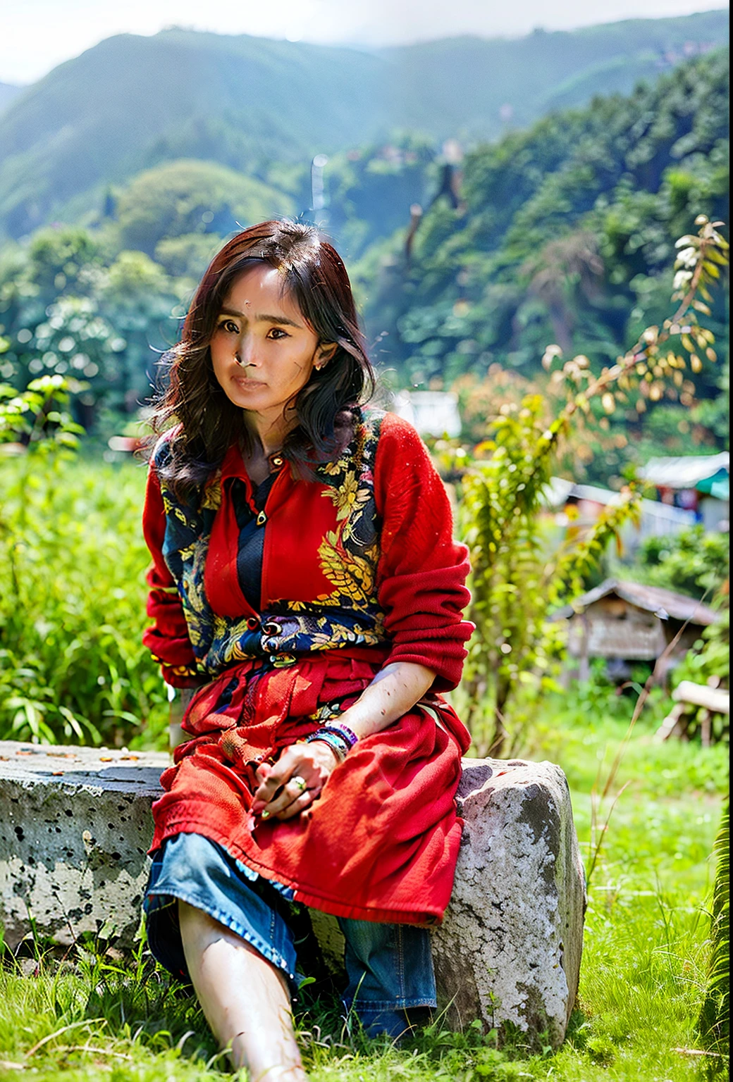 there is a woman sitting on a bench in the grass, amidst nature, portait image, assamese aesthetic, young himalayan woman, nivanh chanthara, in front of a forest background, full body photogenic shot, photo taken with nikon d750, photo taken with nikon d 7 5 0, beautiful young himalayan woman, mid shot portrait