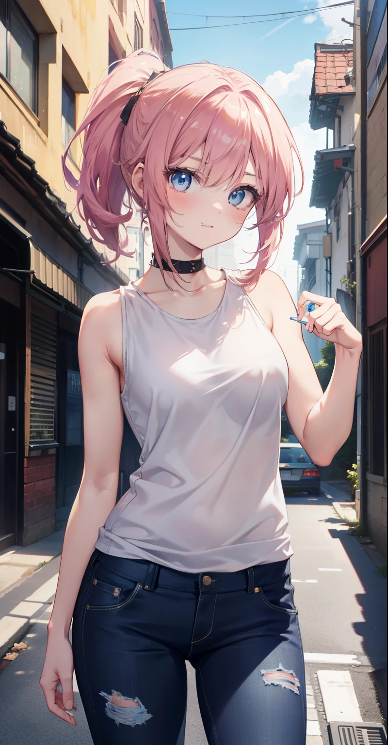 16k, ultra realistic, High, best quality, master piece, half-length image, a beautiful girlfriend posing for a photograph in an alley, wearing a modern pink sleeveless t-shirt, black jeans, goggles, brown ponytail, bangs , happy laugh, blue eyes, lean muscular body, perfect anatomy, looking at the camera, Time of day, blue sky, anime style, outdoors, trending on ArtStation, WLOP, Sakimichan