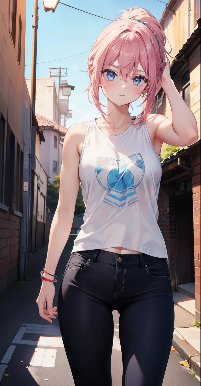 16k, ultra realistic, High, best quality, master piece, half-length image, a beautiful girlfriend posing for a photograph in an alley, wearing a modern pink sleeveless t-shirt, black jeans, goggles, brown ponytail, bangs , happy laugh, blue eyes, lean muscular body, perfect anatomy, looking at the camera, Time of day, blue sky, anime style, outdoors, trending on ArtStation, WLOP, Sakimichan