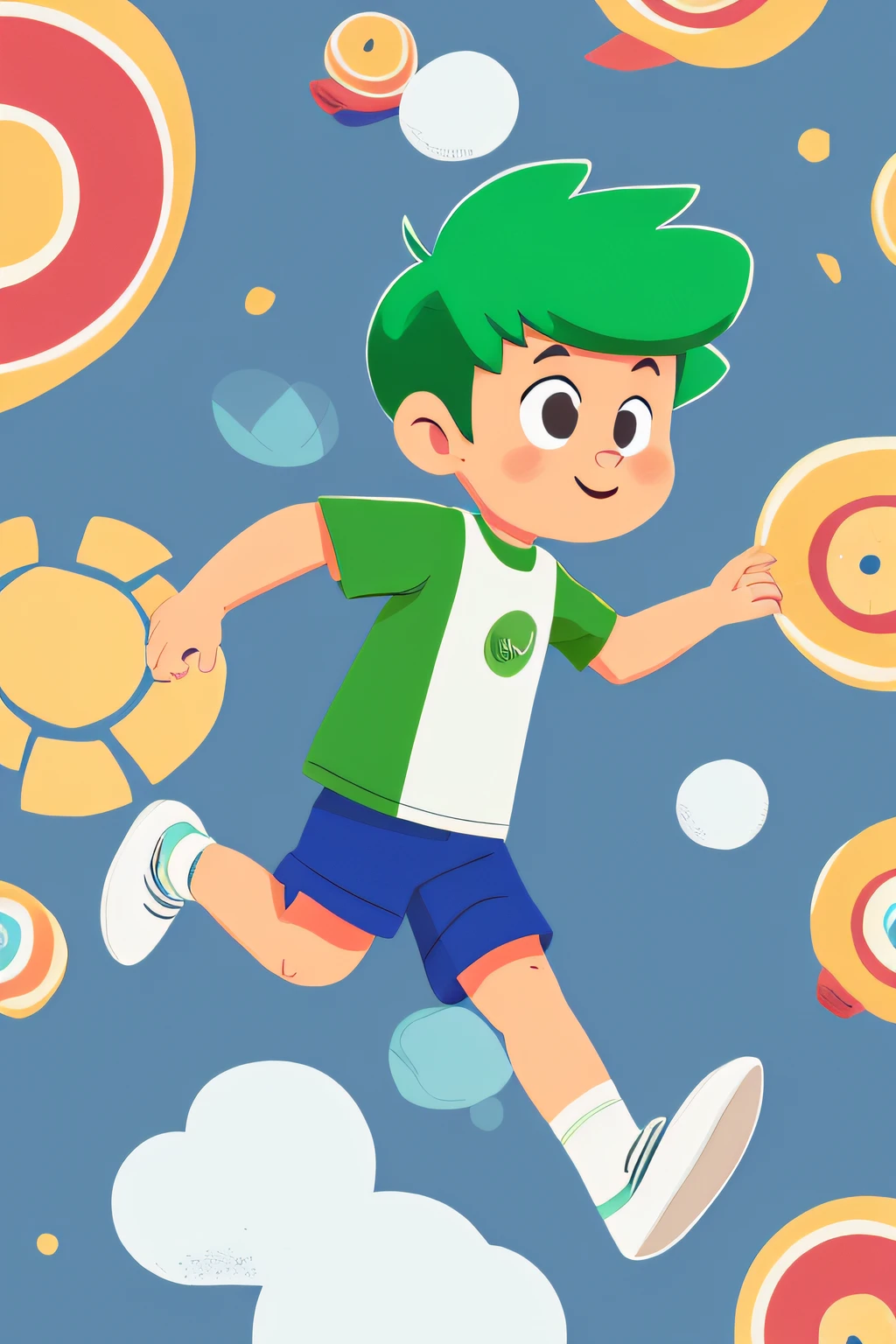 cartoon boy, full body, green hair, running, cartoon style, big head, colorful shirt, flat color, white background, simple background