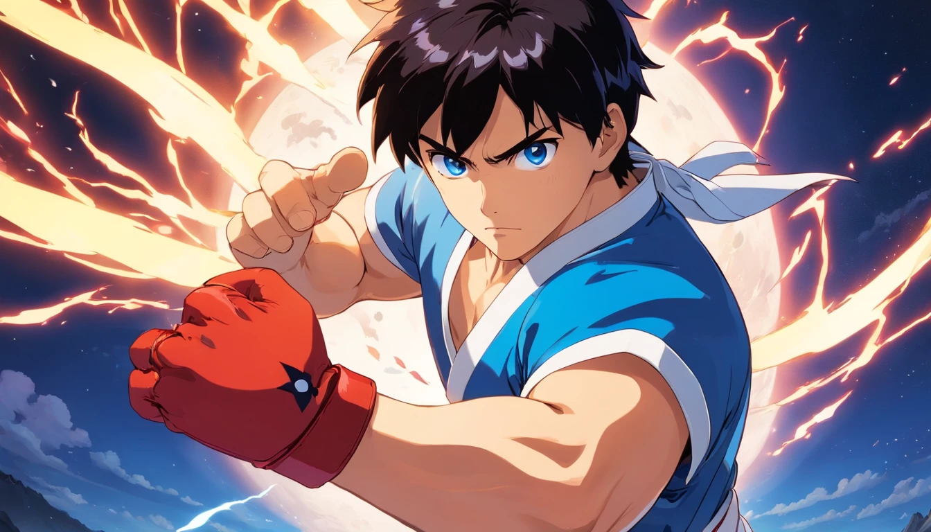 strong man protagonist, scar on cheek, taekwondo master, white taekwondo uniform, lightning punch, black hair, blue eyes