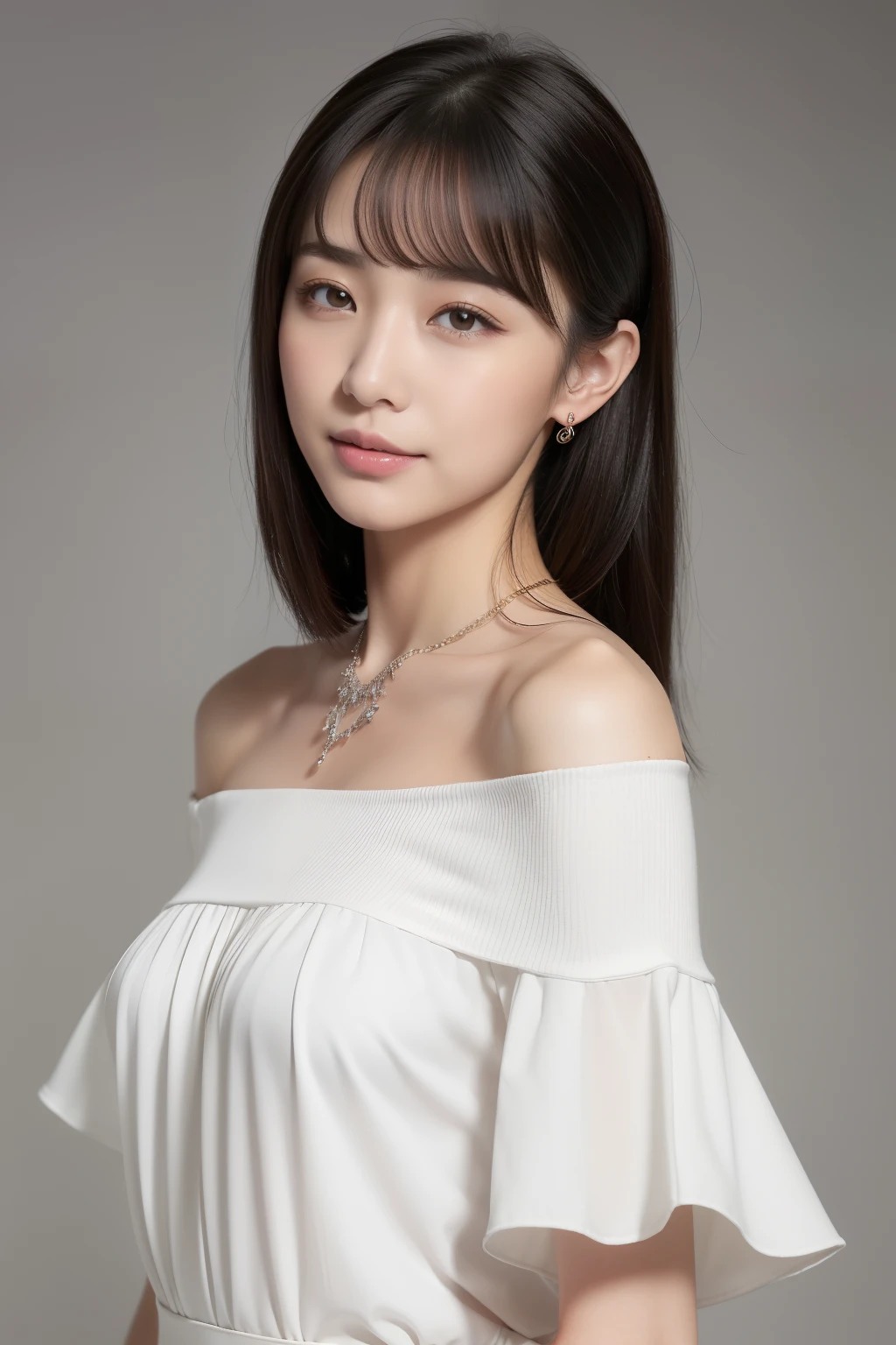 (top-quality, ​masterpiece, hight resolution), beautiful female model。sexy  pose,。white off shoulder without laces。Put your shoulders out、kindly smile、straight haired、Straight bangs、On-eyebrow bangs、Tie your hair with a gray hair clip、short ponytail、foco nítido、(电影灯光)、鎖骨、a necklace、Light gray background