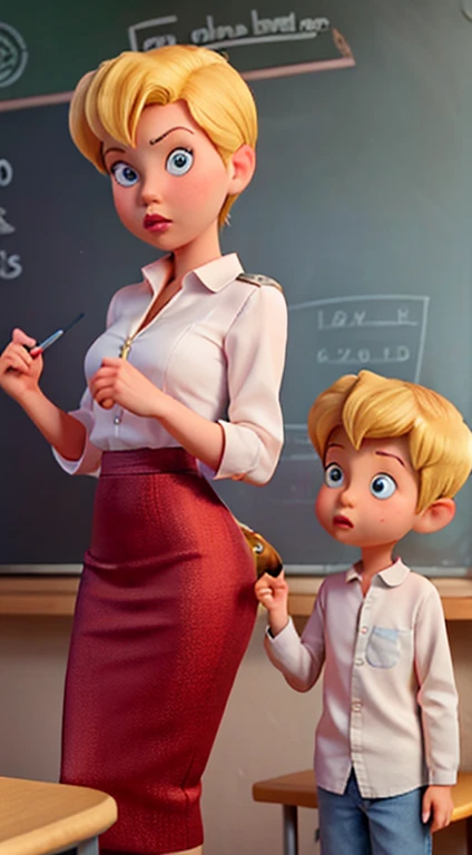 Joãozinho, an eight-year-old blond boy, is in the classroom talking to his teacher, a fifty-year-old woman, . The teacher is standing and her student is standing in front of her. Ele usa uniforme escolar , caricature , Luz cinematografica