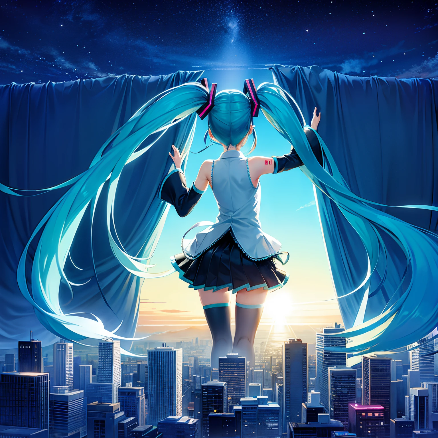 Hatsune Miku from behind, drapes, 城市,