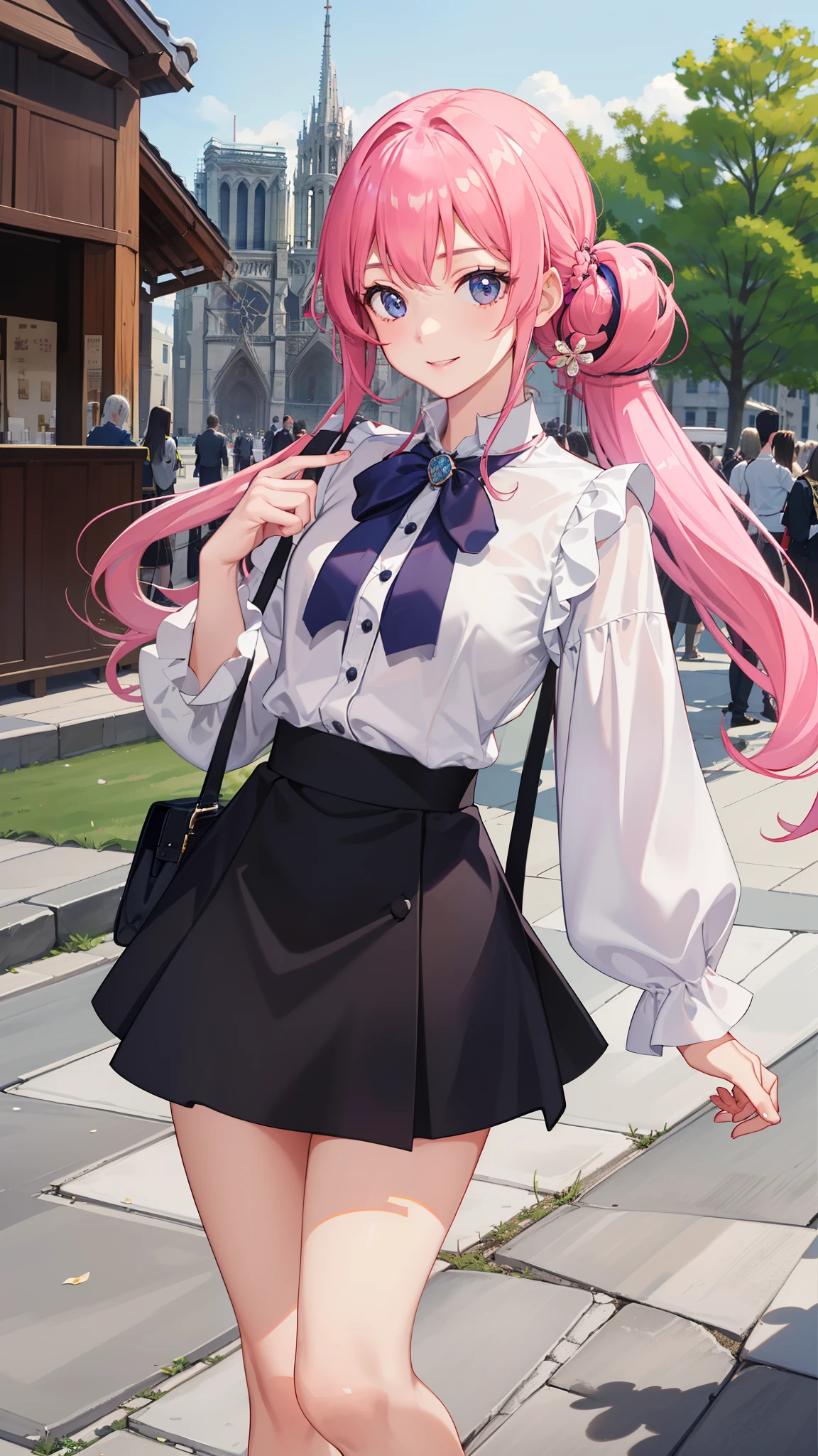 1girl in、notre dame、virgin、imagem 4k、A smile、The shirt、Blouse、(paler)skirt by the、poneyTail、(small tits)Chilarism、movement、