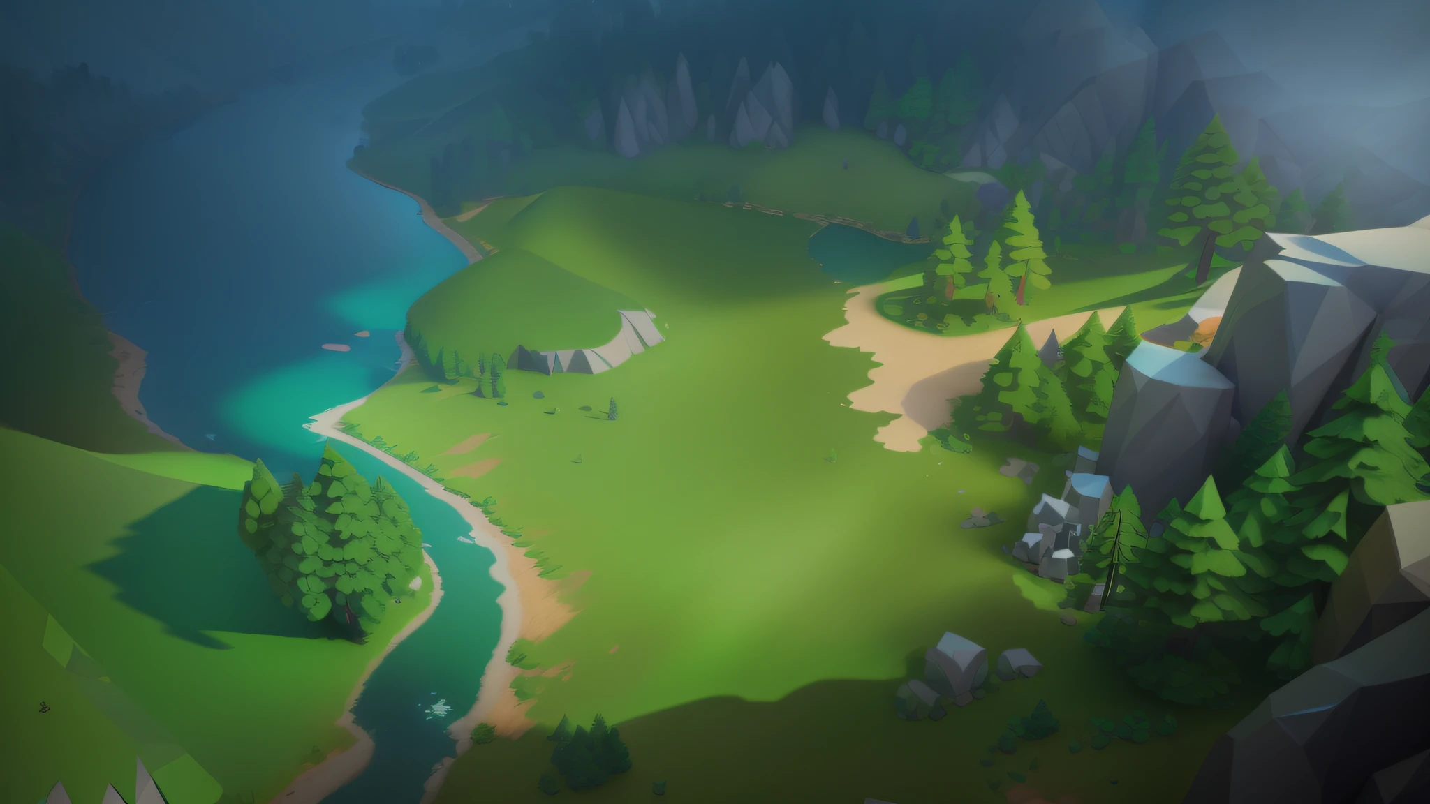 strong sunlight and shadows,dingdall effect,and the sun was shining brightly,lowpoly landscape,River and trees close-up, stylized as a 3d render, High quality low-poly art, sunlighting,Extreme light and shadow effects,Disney style,Wonderful and magical,k hd,Works of masters,8K quality