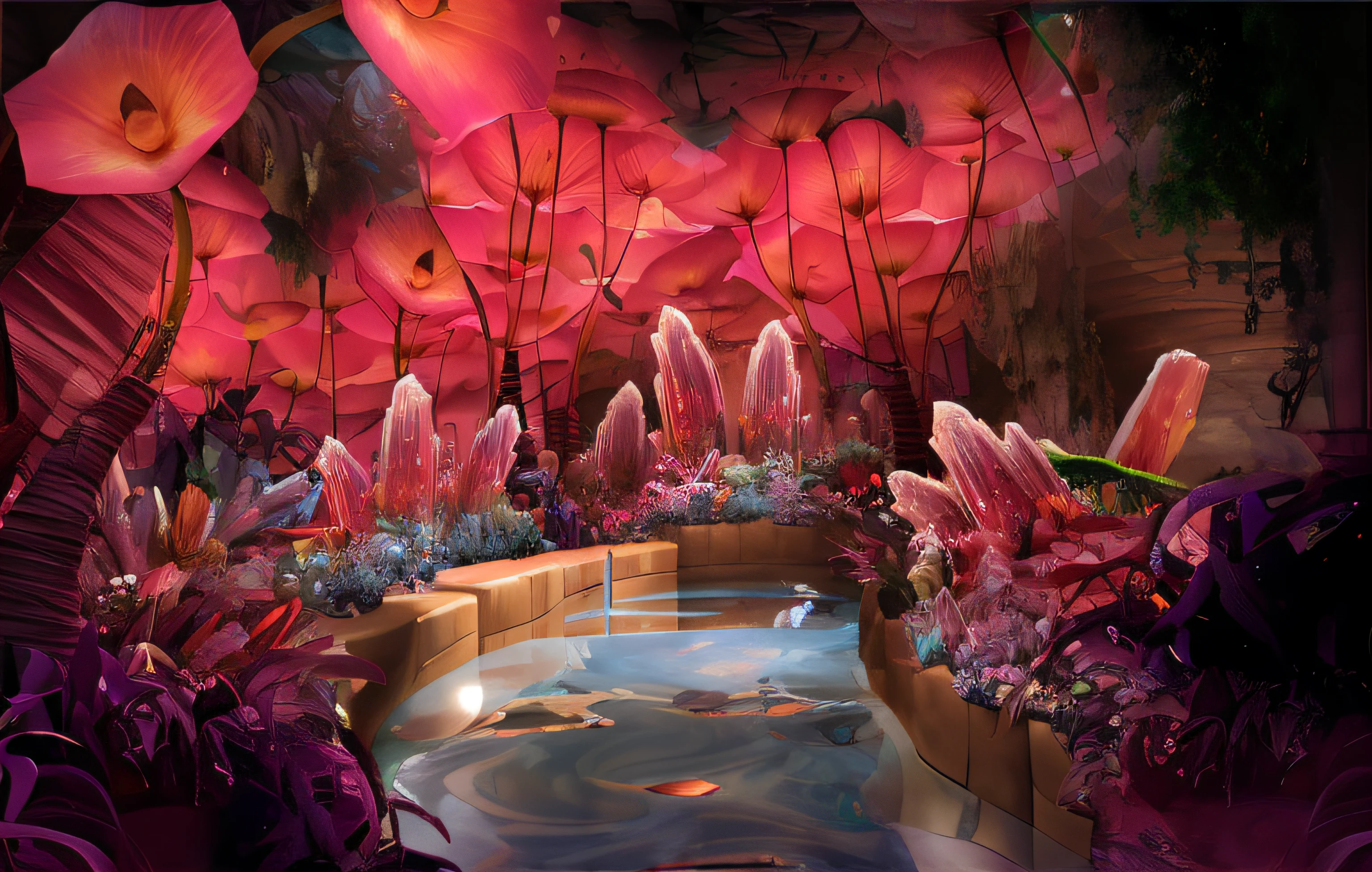 There are extensive displays of flowers and plants in the room, floral environment, surreal waiizi flowers, Inside the Wishing Well Cave, Stunning fantasy 3d rendering, beautiful render of a fairytale, Fantasy magic vegetation, magical concept art, Colorful concept art, very surreal garden, The Magic Kingdom of the Little Mermaid, luminescent concept art, Art Nouveau Jungle Environment