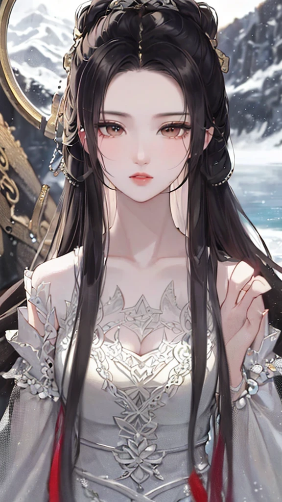 heroes&#39;A masterpiece in the style of ancient Wei Zi，Close-up of a woman with black hair，Exquisite epic character art，Presenting stunning aesthetics and antique atmosphere，The delicate brushstrokes and depth of field in the picture make you immersed in the scene，Fan Qiwu quasi-world can be regarded as the beauty of mountains and rivers。