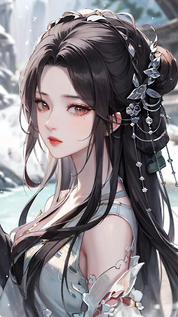 heroes&#39;A masterpiece in the style of ancient Wei Zi，Close-up of a woman with black hair，Exquisite epic character art，Presenting stunning aesthetics and antique atmosphere，The delicate brushstrokes and depth of field in the picture make you immersed in the scene，Fan Qiwu quasi-world can be regarded as the beauty of mountains and rivers。