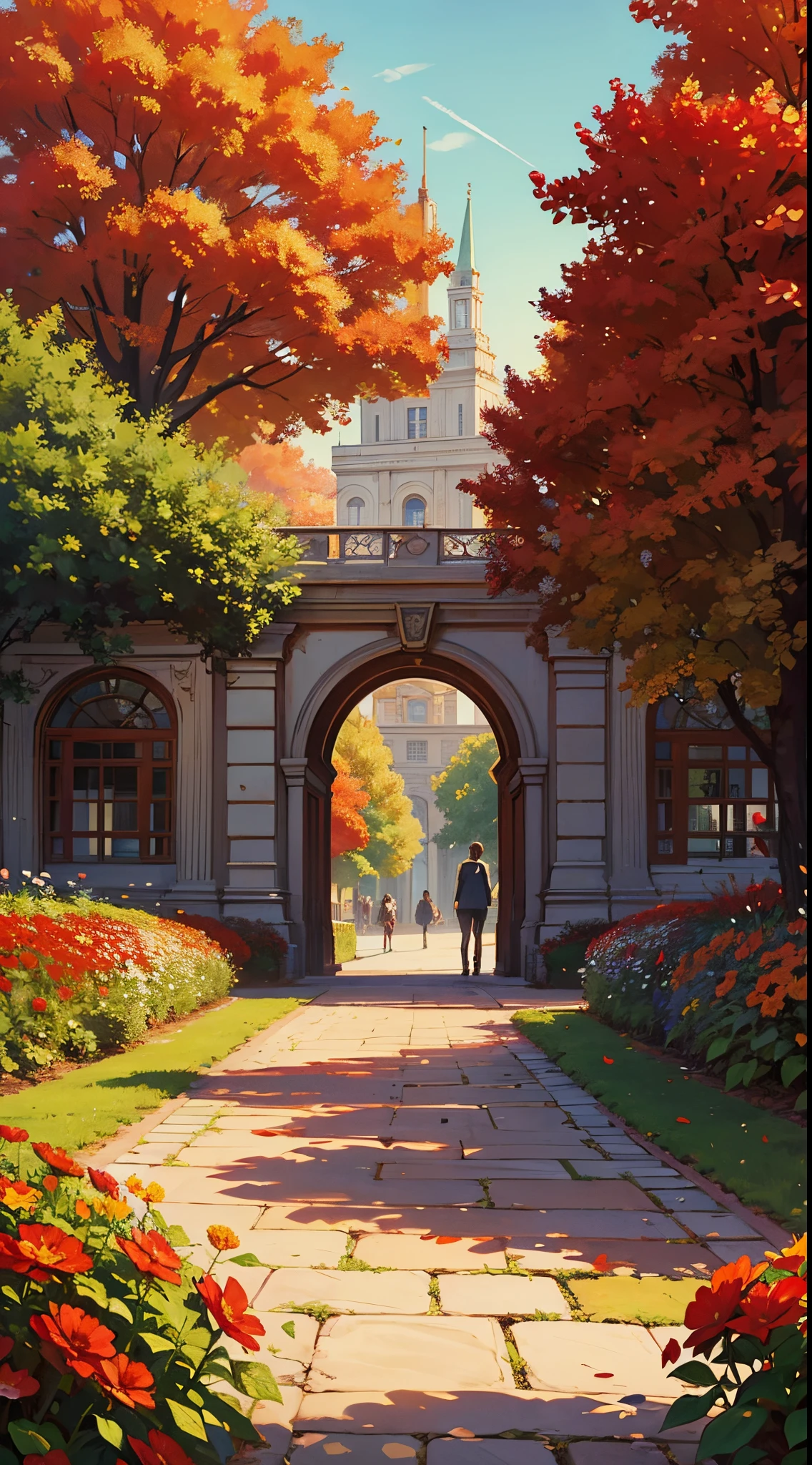 beautiful autumn garden drawn, A park, Flowers, palace, city street, Shopping arcades, red flowers, leaves with red, Flower beds, NOhumans, desktop image, background image style romanticism, Regency Era,