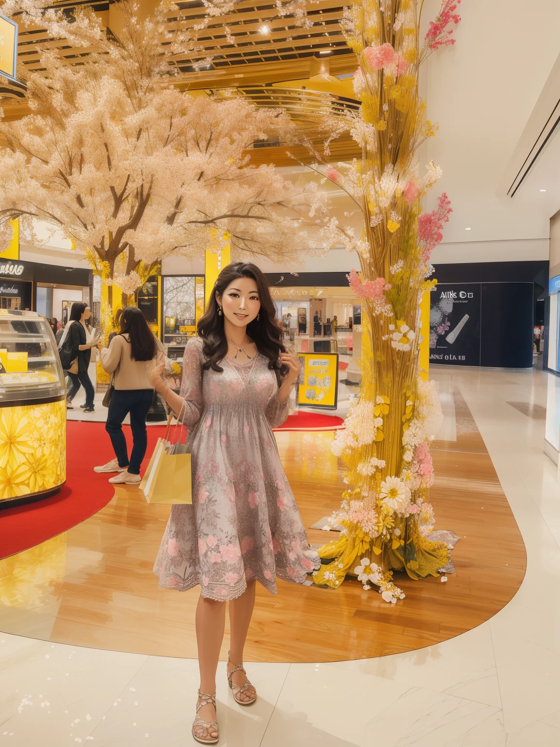 araffe woman in a dress standing under a tree with flowers, in a mall, appearing in a shopping mall, in magnificent shopping mall, shot on nikon z9, taken with sony alpha 9, shot on canon eos r5, shot on canon eos r 5, at a mall, masterpiece work of art, taken with the best dlsr camera