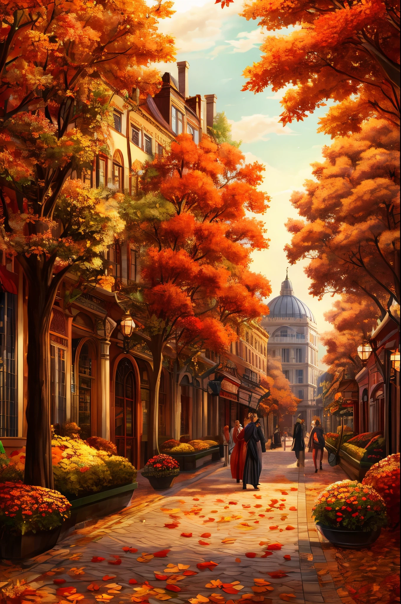 beautiful autumn garden drawn, A park, Flowers, city street, Shopping arcades, red flowers, leaves with red, autumn, Flower beds, NOhumans, desktop image, background image style romanticism, Regency Era,