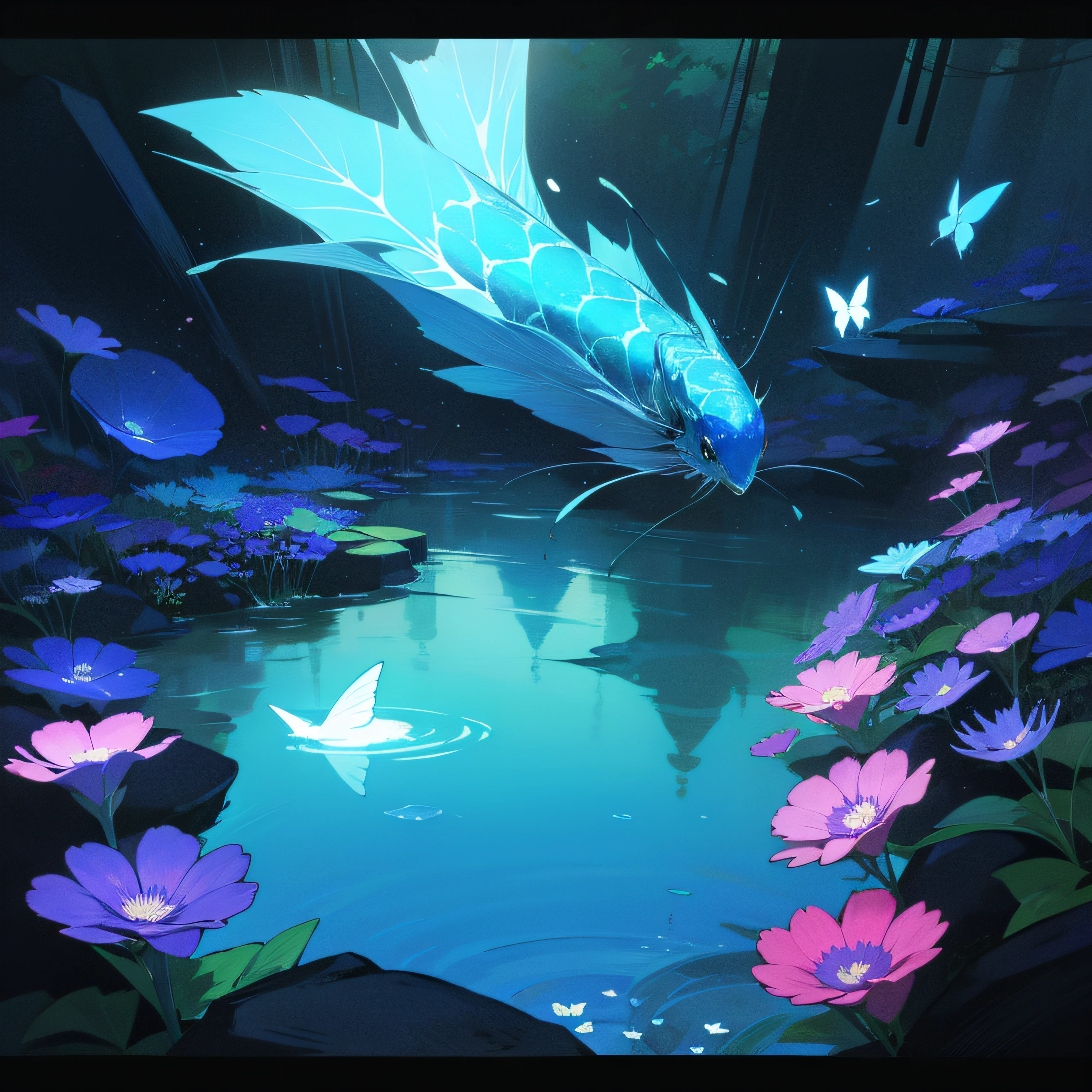 small glowing aquarium flowers、A lot of tanks、Art in the Dark Exhibition、florals、Japanese dress、Black and colorful world、femele、beautifly