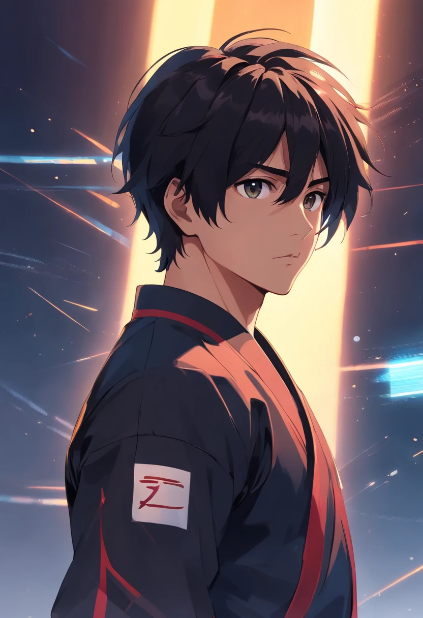 strong serious man protagonist, scar on cheek, taekwondo master, black taekwondo uniform, black hair, black eyes, black abstract background,