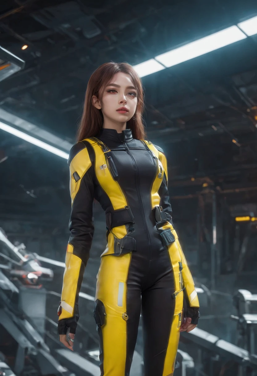 RAW, Masterpiece, Super Fine Photo, Ultra High Resolution, Photorealistic, Sunlight, Full Body Portrait, Stunningly Beautiful, Dynamic Poses, Delicate Face, Vibrant Eyes, solo, deep ebony 1girl, black girl, beautiful face, curly afro hair, black lips, a female character is wearing a yellow and black colored outfit with a backpack and a yellow hoodie jacket, black, yellow and white sports leisure, yellow futuristic smart goggles, clear lens, green eyes, leggings pants, long hair, diamond earrings, cybernetically enhanced, she is standing in front of spaceships and satellites, starry night sky, pigeoncore, neo-dadaist, Asuka Langley, neon genesis EVA suit, mechanized precision, space crew member, she holds an important position, in crowd spectator at a tech conference in the style of mecha sci-fi anime, 8k, best quality, highres, Unreal Engine:1.4,Ultra-realistic 64K CG, Photorealista:1.4, Skin Texture:1.4, Volumetric fog, 8k uhd, dslr, high quality, film grain, fair skin, photorealism, lomography, sprawling metropolis in a futuristic dystopia, translucent