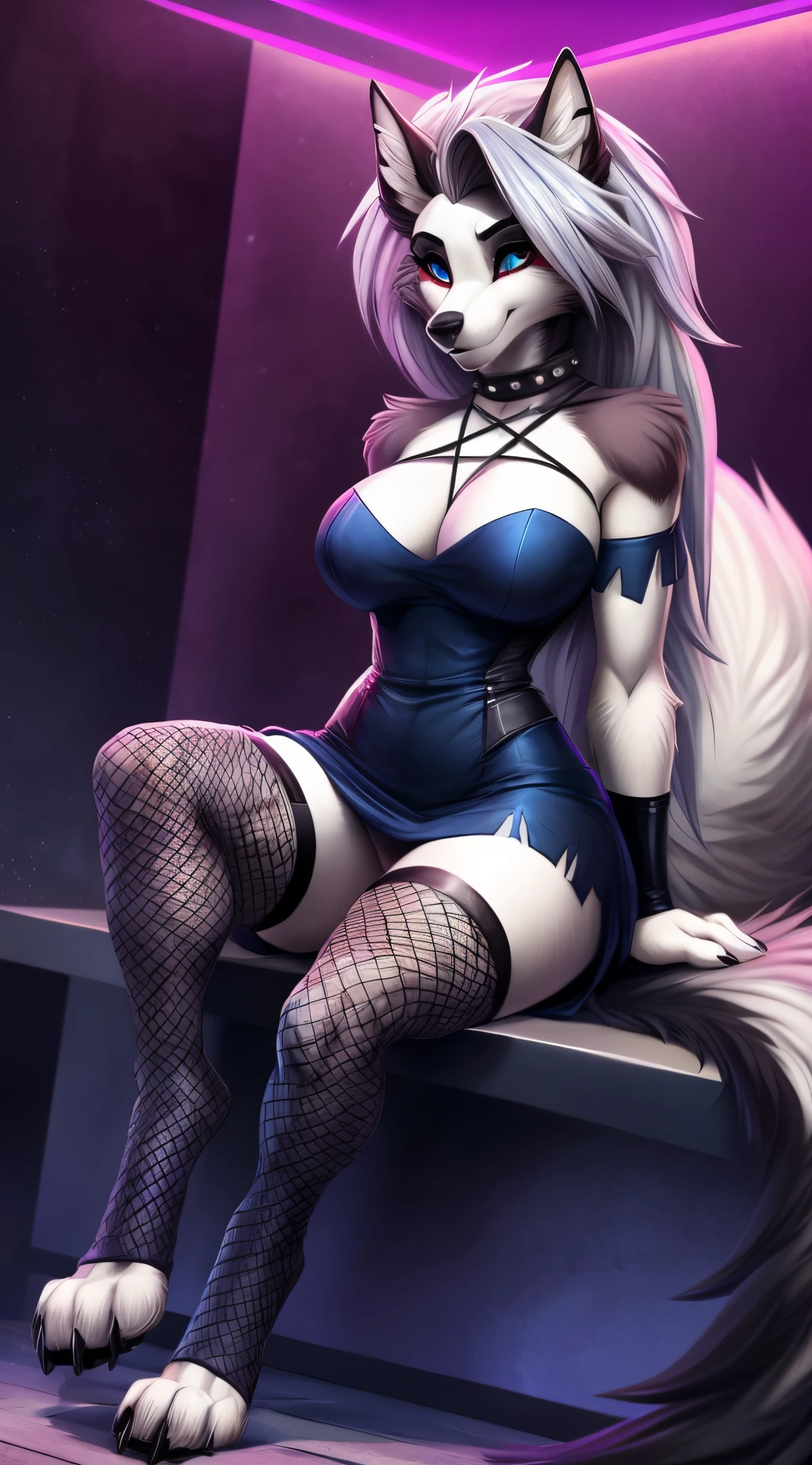 uploaded on e621, ((((full body)))), (((realistic rendering))), (by fluff-kevlar, by wolf-nail, by Iskra), (solo, neck tuft, hip tuft, leg tuft, big tail, fluffy tail, blue eyes), (masterpiece), (best quality), (thick thighs, big hips, large breasts, perky breasts, digitigrade legs), (sexy pose, form-fitting and revealing dress, fishnet stockings with thigh pudge), (((Helluva Boss, Loona, sweet))) BREAK (depth of field, ambient light on the body, modern club, sitting in a private leather booth with her legs spread, neon blue and pink lighting), [explicit content, questionable content], (masterpiece, best quality, 4k, 2k, shaded, absurd res)