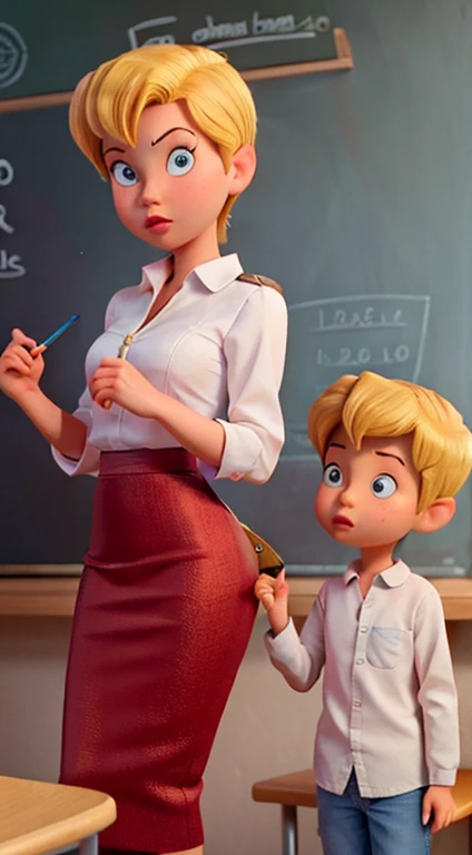 Johnny, um menino loiro de oito anos, You are in the classroom talking to your teacher, uma mulher de cinquenta anos, . The teacher is standing and her student is in front of her. ele usa uniforme escolar , caricatura , cinematiclight