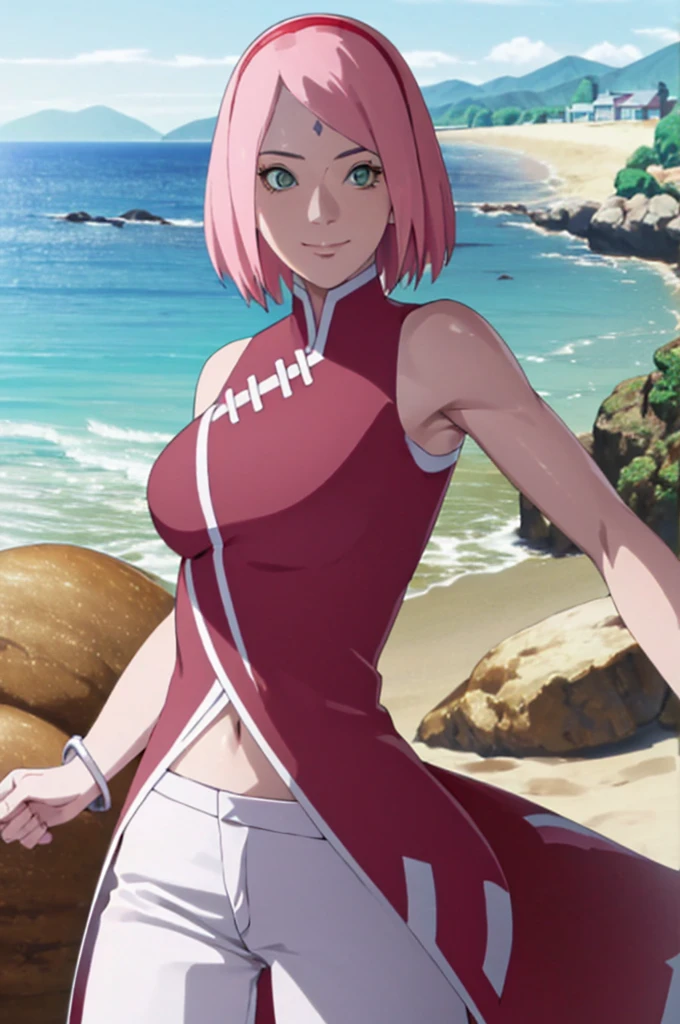 masterpiece, 1k, portrait, face shot, professional artwork, detailed beach background, intricate details, colorful, digital blending, (ultra detailed body, ultra detail hair, ultra detail face), trending on pixiv, kind smile, very hot color, best quality, anime style: 1.9, 1girl, hires, haruno sakura, (forehead mark, milf, red hairband, pale skin, short hair, ((red sleeveless dress), white pants), navel, groin, bracelet, pink hair, ultra detailed green eyes, smile, beach, wind, floating hair, detailed arms, off-shoulders, slightly muscular arms, dirty armpits, standing)