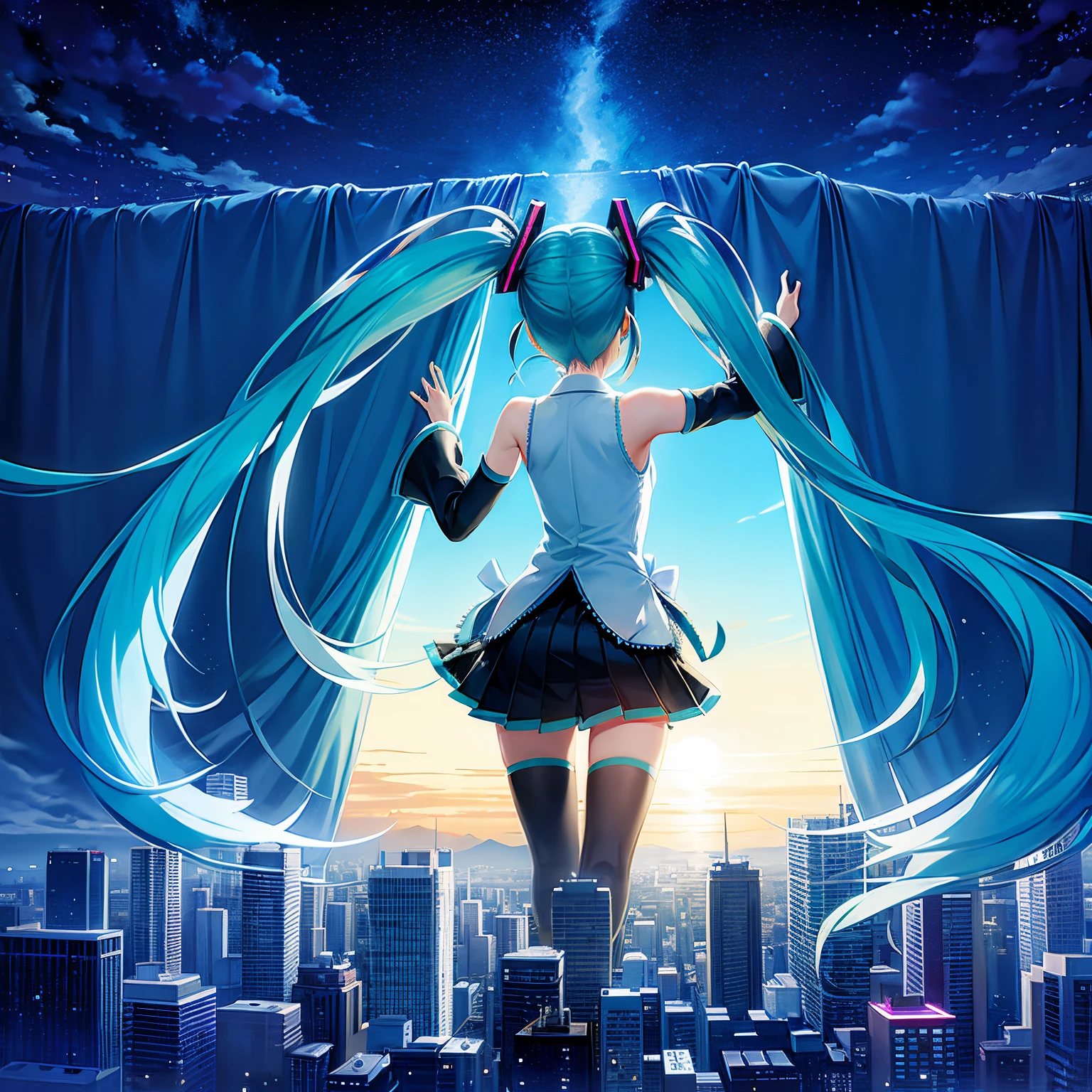 Hatsune Miku from behind, drapes, 城市,