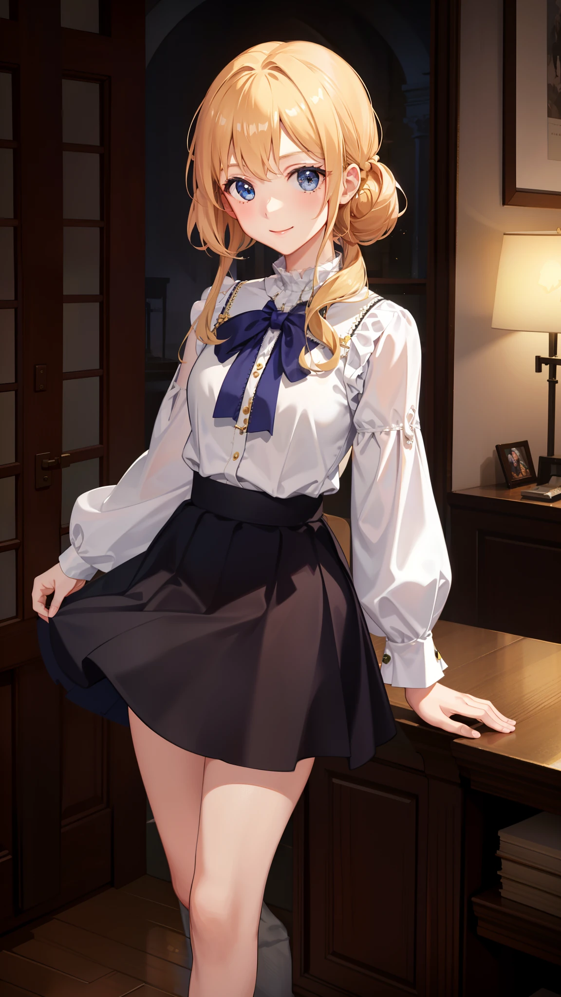 1girl in、notre dame、notre dame、imagem 4k、A smile、The shirt、Blouse、(paler)skirt by the、poneyTail、(small tits)Chilarism、movement、