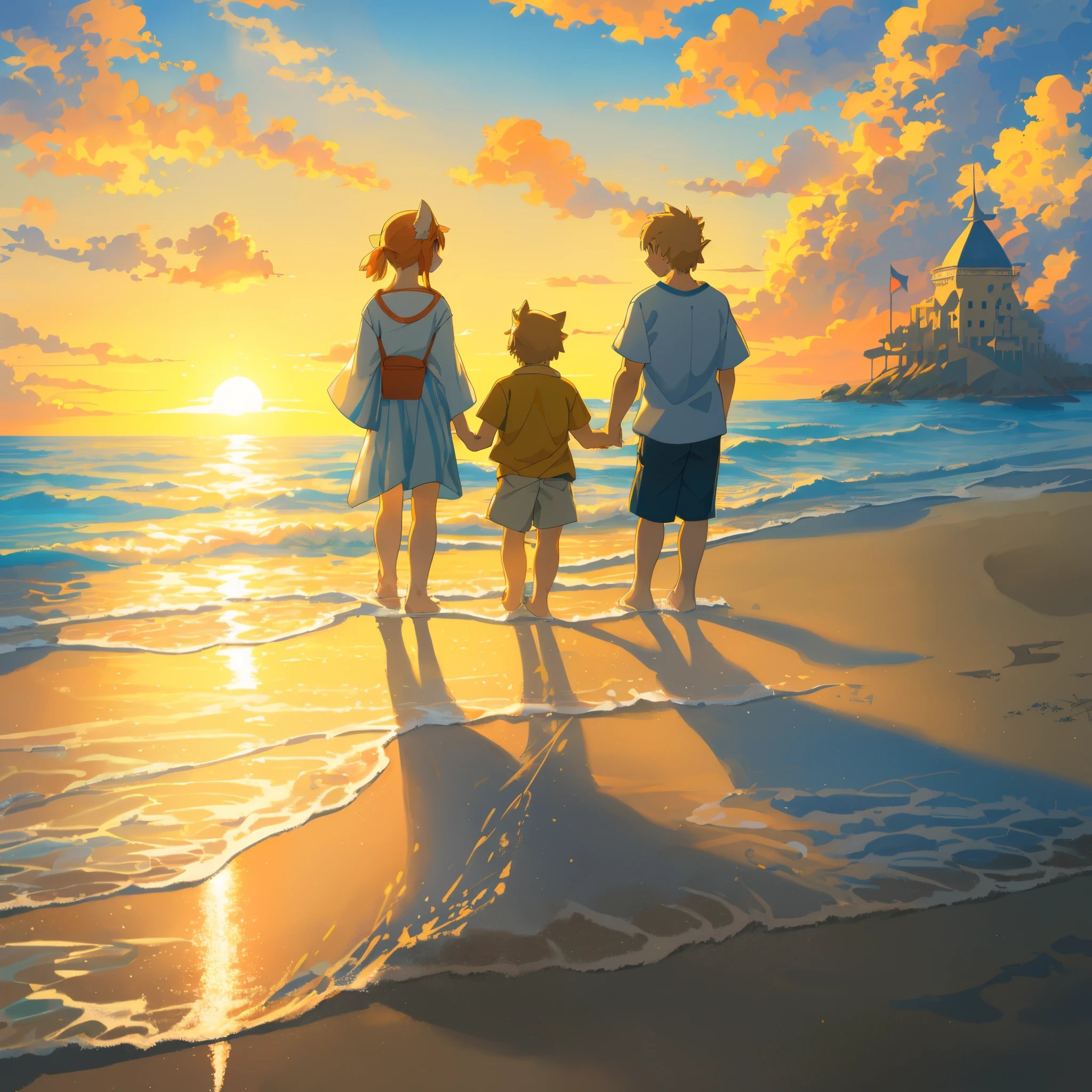 cover page, anime key visual, highres, top quality, best quality, paid reward available, High-quality illustrations, unparalleled masterpiece, perfect artwork, absurdres(family watching sunrise at the beach)((kemono family with two parents of diverse descents and a )perfect anatomy, mesmerized by the sunrise, child playing with sand and building a sandcastle, serene beach with gentle waves, sky with vibrant colors of dawn, family’s expressions of awe and happiness, moment of peace and togetherness, fan-created work shared on platforms Pixiv or Twitter, cinematic lighting, dynamic angle,