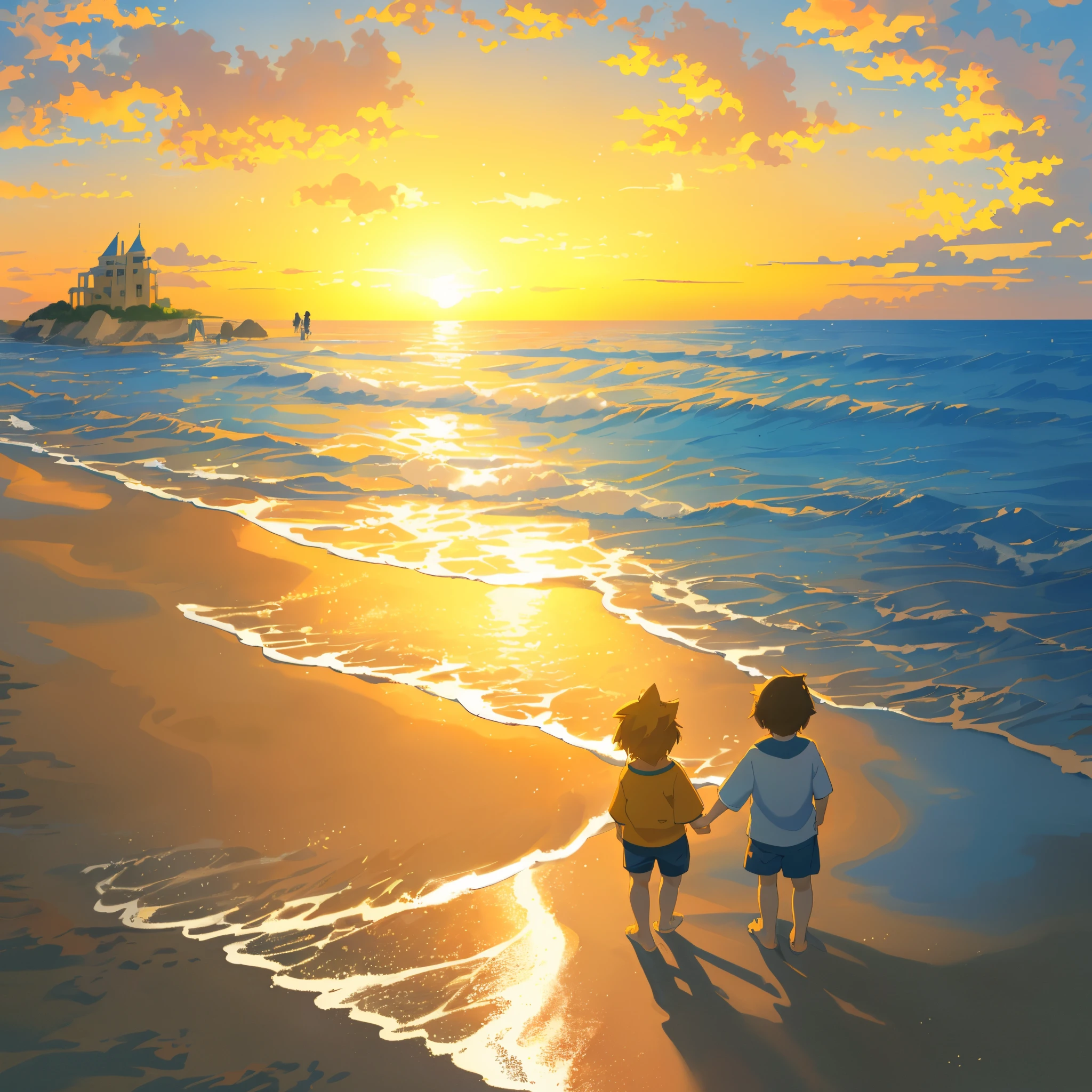 cover page, anime key visual, highres, top quality, best quality, paid reward available, High-quality illustrations, unparalleled masterpiece, perfect artwork, absurdres(family watching sunrise at the beach)((kemono family with two parents of diverse descents and a )perfect anatomy, mesmerized by the sunrise, child playing with sand and building a sandcastle, serene beach with gentle waves, sky with vibrant colors of dawn, family’s expressions of awe and happiness, moment of peace and togetherness, fan-created work shared on platforms Pixiv or Twitter, cinematic lighting, dynamic angle,