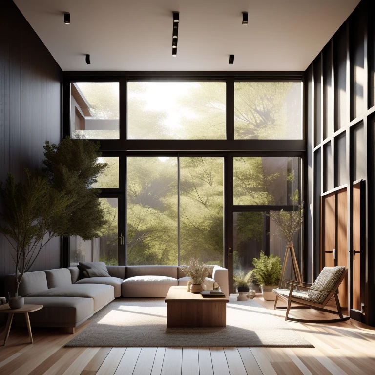 Interior design,insanely detailed wide angle architecture photography, cozy contemporary living room,(bright warm sunlight 1:0.1), award-winning contemporary interior design, scenery, table, chair, indoors, wooden floor, window, restaurant, east asian architecture, sliding doors, lamp, architecture, forest, nature, cup, plant,INTERIOR DESIGN,intersting lights and shadows, Depth of Field,low light, ,