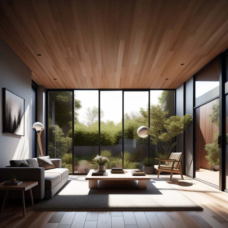 Interior design,insanely detailed wide angle architecture photography, cozy contemporary living room,(bright warm sunlight 1:0.1), award-winning contemporary interior design, scenery, table, chair, indoors, wooden floor, window, restaurant, east asian architecture, sliding doors, lamp, architecture, forest, nature, cup, plant,INTERIOR DESIGN,intersting lights and shadows, Depth of Field,low light, ,