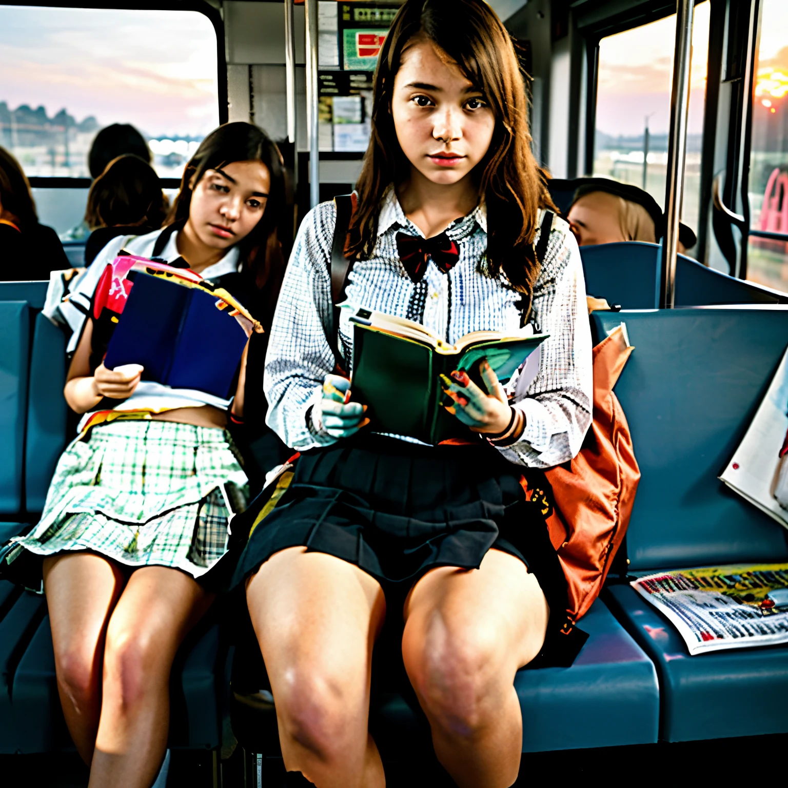  girl, on the bus showing her panties while reading a book, on a bus full of people, with a sunset in the background