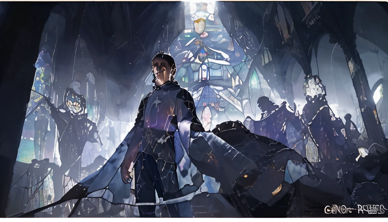 Ruins scene,medieval catholic church,relatively dark,dim stained glass windows,collapsed idol,The skylight shines through the holes in the roof,Don't be characterized