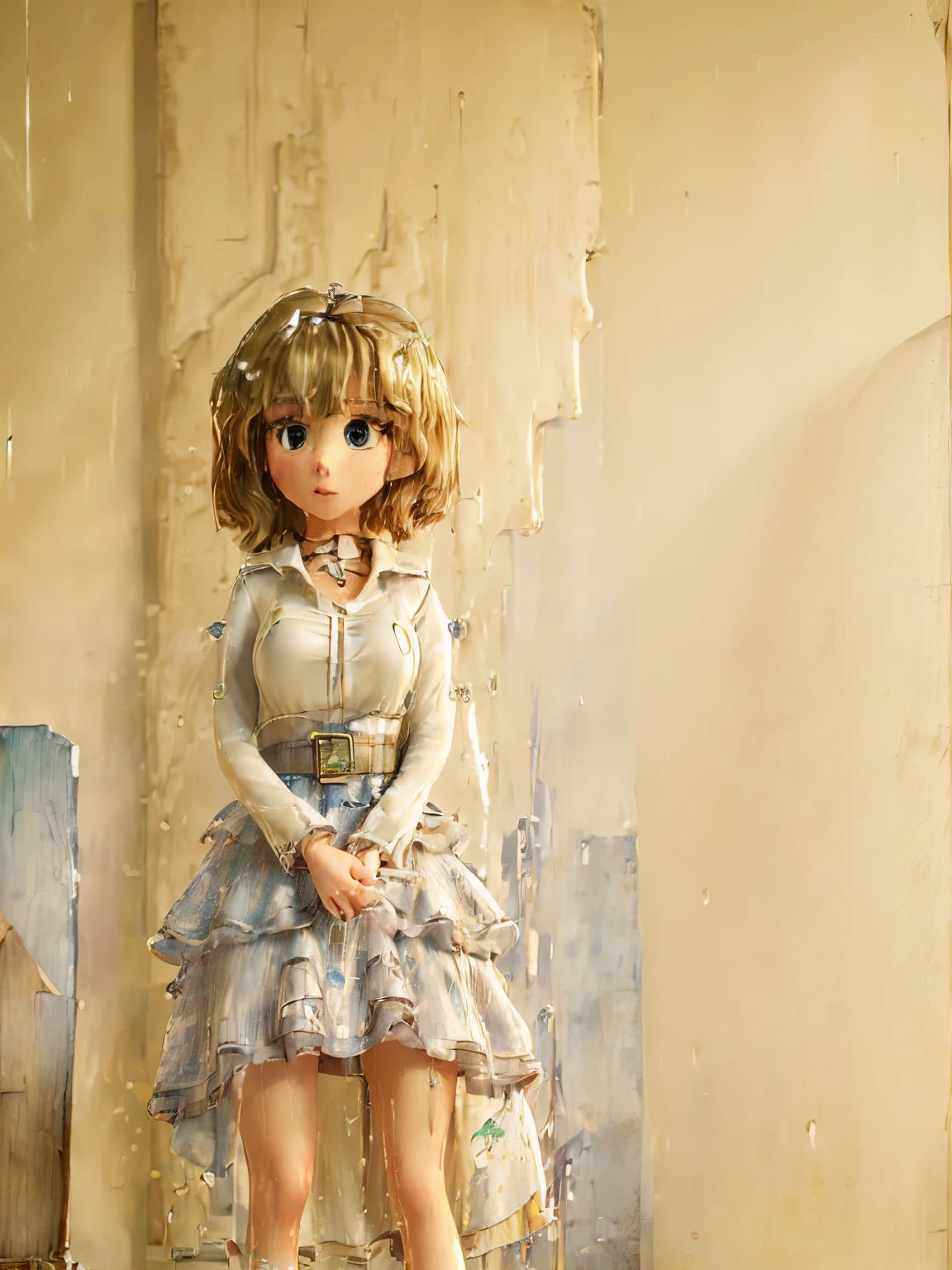((Best quality, 8k, Masterpiece :1.3)), Sharp focus :1.2, A pretty woman with perfect figure :1.4, Slender abs :1.2, ((Layered haircut, Big breasts :1.2)), (Wet thin button up long shirt :1.1), (Rain, Street:1.2), Wet body :1.1, Highly detailed face and sk...