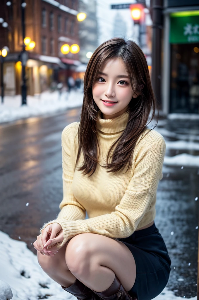 (masutepiece:1.3, Photorealsitic:1.4, 8K), top-quality, ​masterpiece, 超A high resolution, Perfect dynamic composition, Highly detailed skin and facial texture:1.3, A detailed eye, Detailed limbs, Snow flutters:1.2, Street corner in snowy country:1.2, 1girl in, Cute sexy 22 year old woman, Fair skin, tilt the neck, ((A smile:0.9, Totally captivates you:1.1)), (wearing a fluffy brown fur coat:1.2), (Wearing a yellow long-sleeved turtleneck sweater:1.1), ((voluptuous breasts:0.9)), (Beautiful blue eyes, Eyes that feel beautiful eros:0.85), a belt, Black High Waist Short Skirt, (Facing the front, crouching down, long boots), Sexy face:0.4, red blush:1.1, (A mouthfeel that feels beautiful eros:0.85), ((Too erotic:0.9))