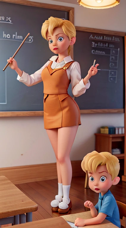 Johnny, an -year-blondy, is in the classroom talking to his teacher, a fifty-year-old woman. The teacher is standing and her student is standing in front of her. He wears a school uniform. Cinematographic lighting- caricature