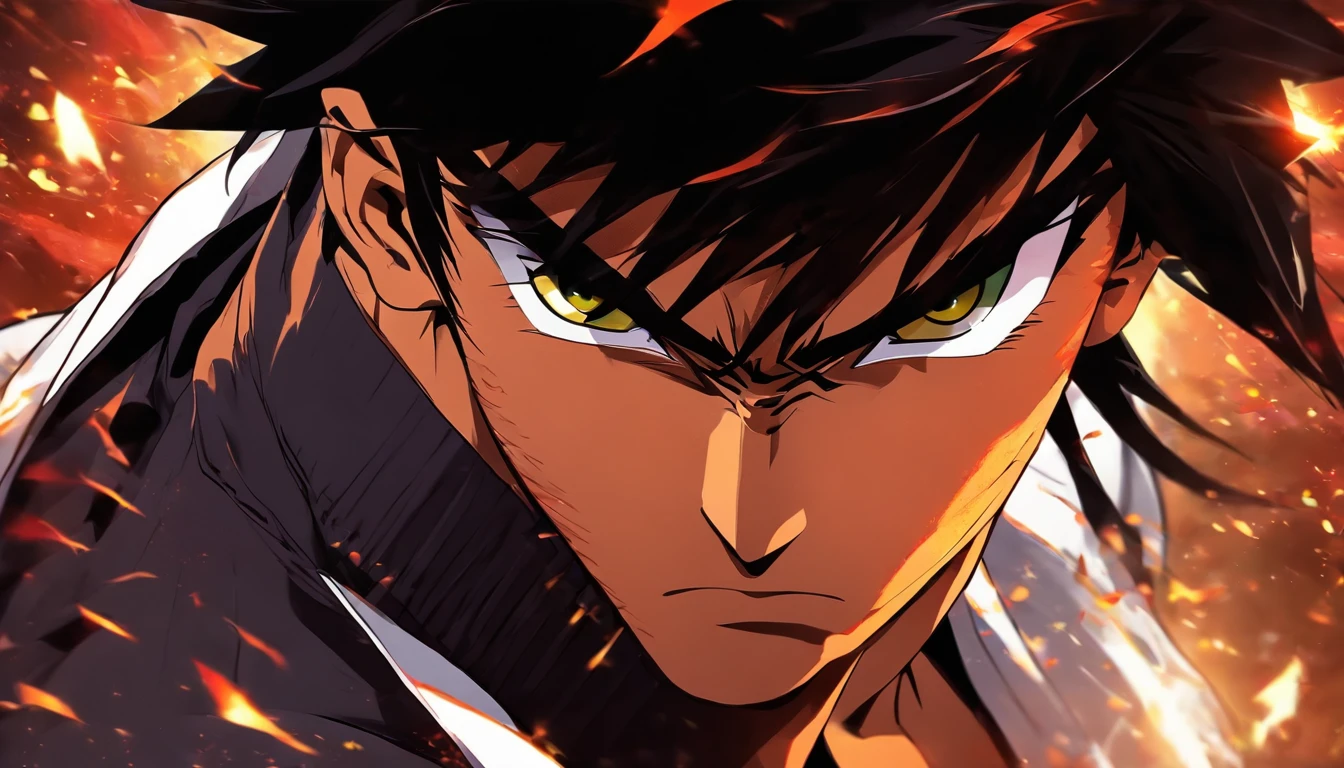 strong serious man protagonist, scar on cheek, taekwondo master, black taekwondo uniform, black hair, black eyes, black abstract background, koraen