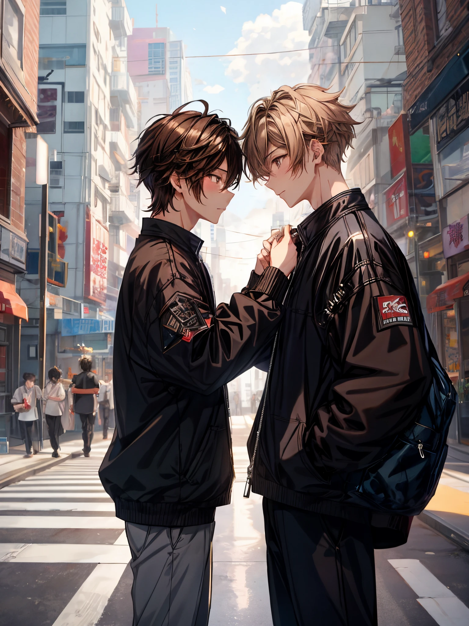 Cartoon same-sex couple on the street with buildings in the background, guweiz, artwork in the style of guweiz, Yaoi, Cute boys, Two anime handsome men, Beautiful Boys, male art、(((Male Focus))),ember、(((Two men)))、ember、(((Boys Love)))、youthfulness、Man and man, Face, Looking at Viewer,Even if I wish, I only feel empty.I want to meet,.Now I can do my best with just this feeling,. (A dark-haired)、((Brown hair))