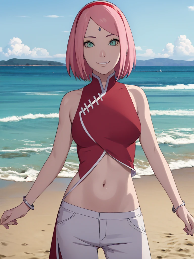 masterpiece, 1k, portrait, face shot, professional artwork, detailed beach background, intricate details, colorful, digital blending, (ultra detailed body, ultra detail hair, ultra detail face), trending on pixiv, kind smile, very hot color, best quality, anime style: 1.9, 1girl, hires, haruno sakura, contrasty lighting, (forehead mark, milf, red hairband, pale skin, short hair, ((red sleeveless dress), white pants), navel, groin, bracelet, looking at viewer, crossed arms, pink hair, green eyes, smile, beach, wind, floating hair, detailed arms, off-shoulders, slightly muscular arms, standing), sunnyday