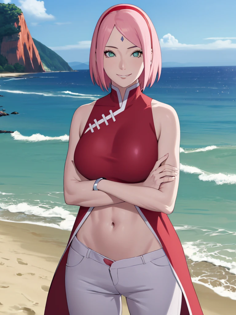 masterpiece, 4k, portrait, cowboy shot, (PLAYGROUND BACKGROUND), professional artwork, intricate details, colorful, digital blending, (ultra detailed body, ultra detail hair, ultra detail face), trending on pixiv, kind smile, best quality, anime style: 1.9, 1girl, hires, haruno sakura, (forehead mark, milf, red hairband, pale skin, (small breasts), short hair, ((plain black slingshot bikini)), ((navel, belly button), slender body, slender belly, bracelet, pink hair, open mouth, big eyes), smile, beach, wind, floating hair, detailed arms, off-shoulders, broad shoulders, (((both) hands spreading to both sides)), fancy couch, relaxing, laying, talking, looking at the viewer))), (((flexing))), (((ultra detailed arms)))). (((curvy: 1.2)))