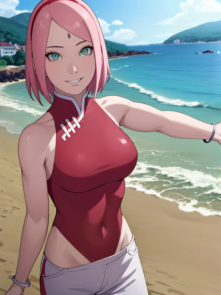 masterpiece, 4k, portrait, anime style, cowboy shot, professional artwork, detailed beach background, intricate details, colorful, digital blending, (ultra detailed body, ultra detail hair, ultra detail face), trending on pixiv, kind smile, best quality, anime style: 1.9, 1girl, hires, haruno sakura, (forehead mark, milf, red hairband, pale skin, small breasts, short hair, ((bare neck, red (micro) bikini top, (bikini top only)), white pants), (navel, belly button, bracelet, pink hair, closed mouth, big eyes), smile, beach, wind, floating hair, detailed arms, off-shoulders, broad shoulders, (slightly muscular arms, slightly strong biceps), standing)