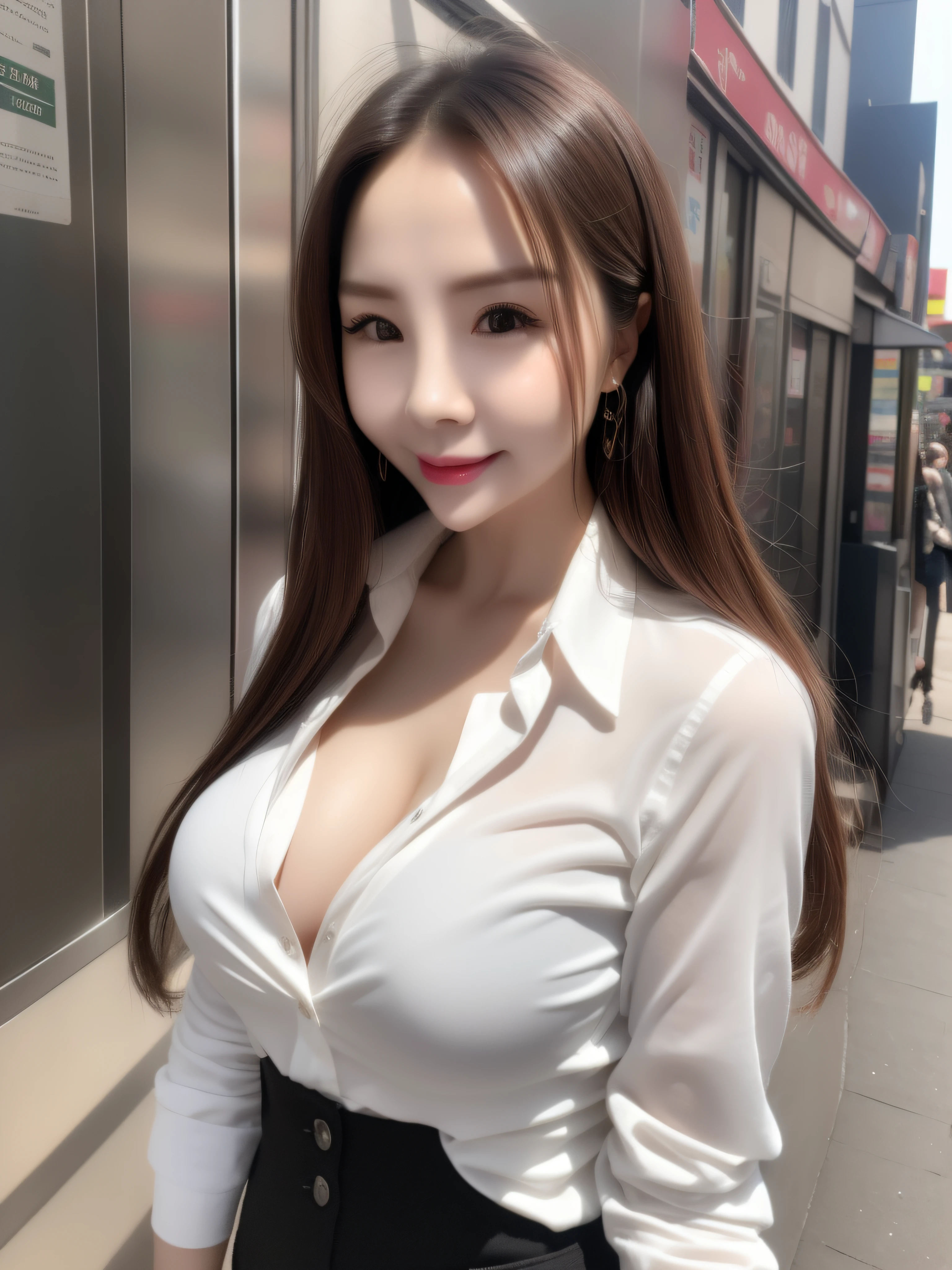 ((Best quality, 8k, Masterpiece :1.3)), Sharp focus :1.2, A pretty woman with perfect figure :1.4, Slender abs :1.2, ((Dark brown hair, Big breasts :1.2)), (White button up long shirt :1.1), City street:1.2, Highly detailed face and skin texture, Detailed eyes, Double eyelid