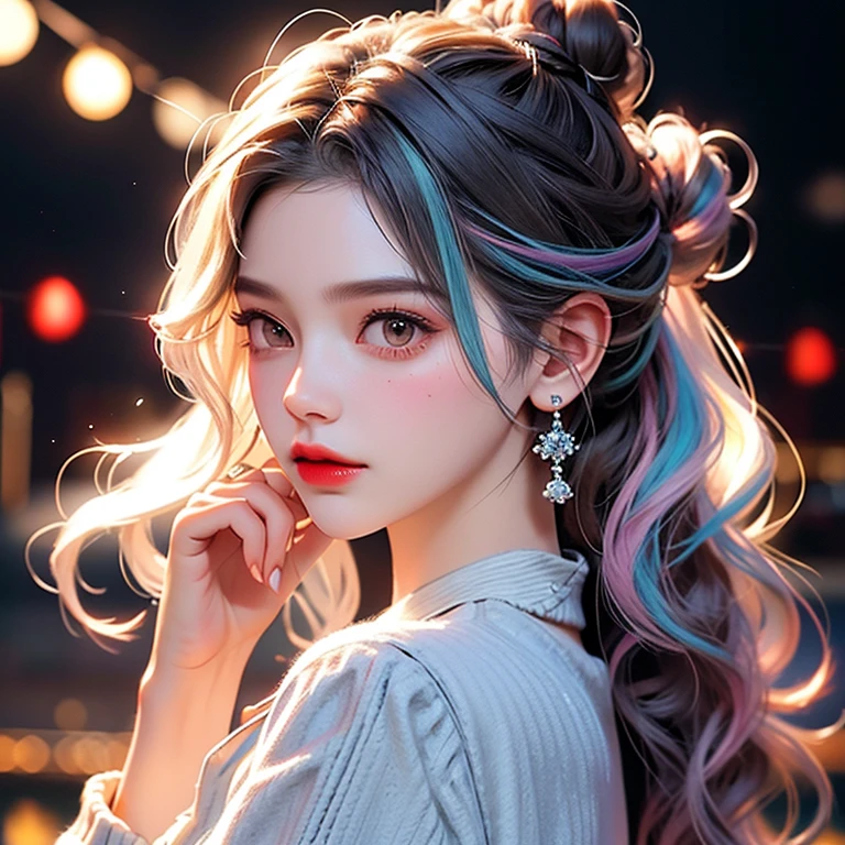 vivid 22eyes, Solo,a woman walking, (((Full body))), Stylish fashion,hat,Model Posing,,Messy bun hair, half updo hair, Looking at Viewer, Hair Ornament, Pastel colors hair, Jewelry, makeup, Lips, Wavy Hair, earrings,   Upper body, Portrait, Bangs, hair clips, Hand up, 鎖骨, night city background, Red lips,