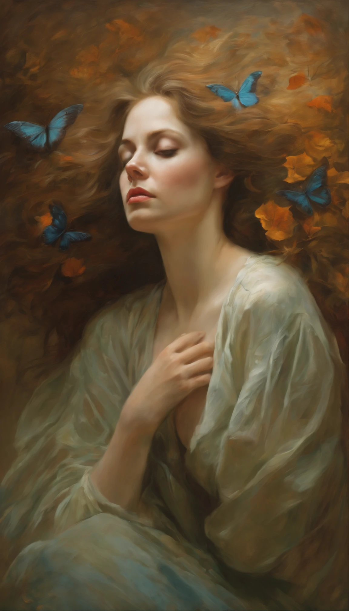 A beautifully portrayed woman, consumed by her thoughts and anxieties, is depicted in this image. Her furrowed brow and tense posture convey the weight of her overthinking, while her eyes appear distant and lost in contemplation. The image, a mesmerizing painting, captures the essence of her inner turmoil with intricate brushstrokes and an exquisite color palette. The artist's mastery is evident in the intricate details that bring her emotions to life, from the fine lines on her face illustrating the depth of her worry to the delicate shadows highlighting the intensity of her thoughts. This captivating artwork skillfully portrays the complexity of the subject's mental state, leaving viewers captivated by the raw vulnerability that the image evokes.