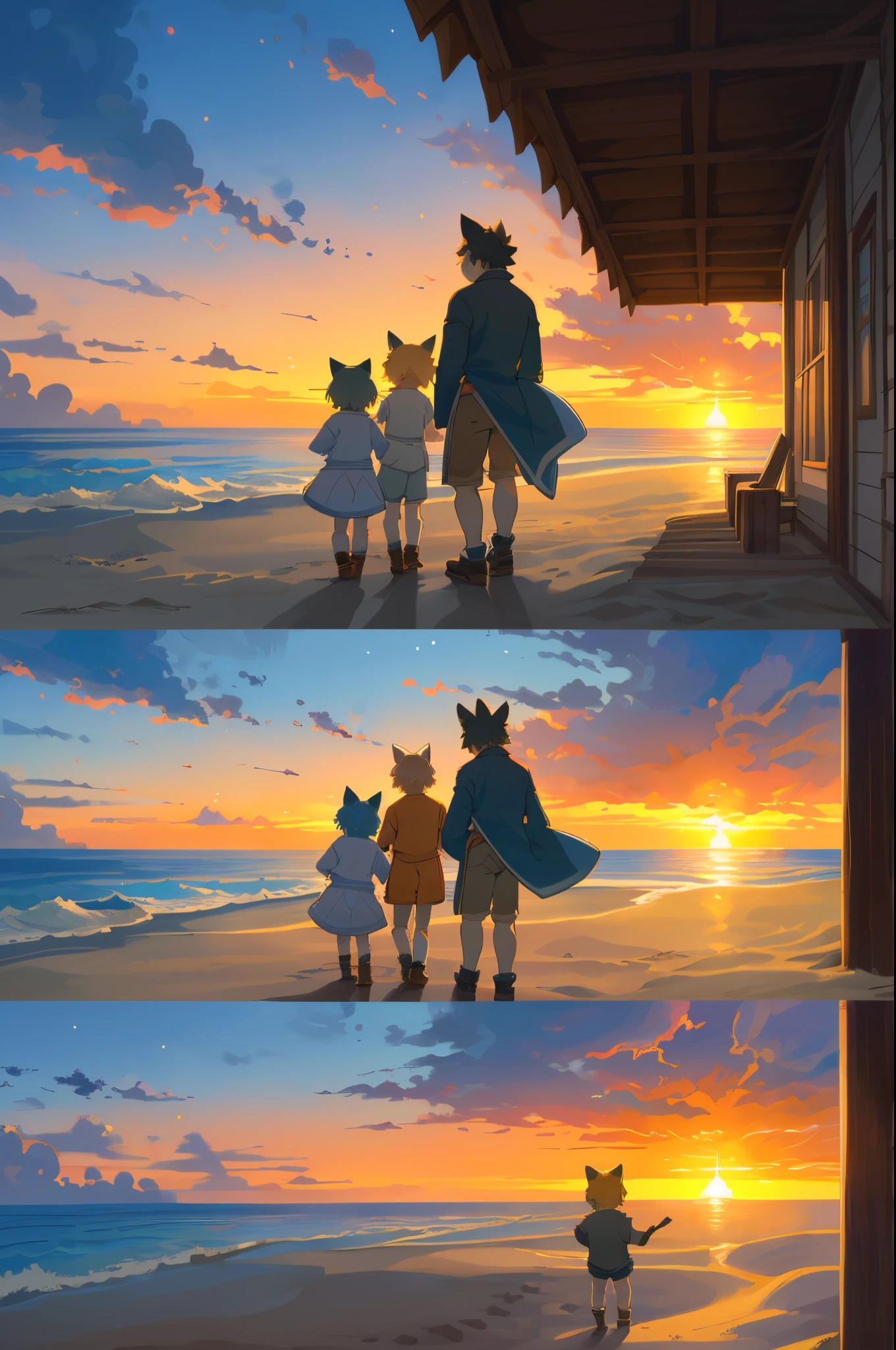 cover page, anime key visual, highres, top quality, best quality, paid reward available, High-quality illustrations, unparalleled masterpiece, perfect artwork, absurdres(family watching sunrise at the beach)((kemono family with two parents of diverse descents and a )perfect anatomy, mesmerized by the sunrise, child playing with sand and building a sandcastle, serene beach with gentle waves, sky with vibrant colors of dawn, family’s expressions of awe and happiness, moment of peace and togetherness, fan-created work shared on platforms Pixiv or Twitter, cinematic lighting, dynamic angle,