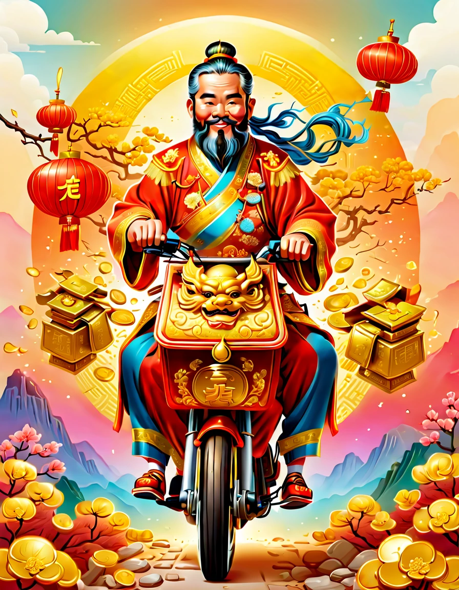 pixar style, (long shot: 1.8), (Chinese - chic Chinese mythological God of Wealth, anatomically correct, oriental elements), (A lovely God of Wealth，Riding an e-bike，Backpack packed with gold ingots，Treasures follow), (China - Stylish Illustration: 1.5, Vector Drawing: 1.5), (Chinese Colors, Advanced Color Matching, Gradient Background, White Background: 1.5), (Very Detailed, Well Designed, Clear Lines, High Definition, Best Quality, Masterpiece, Official Art, Cinematic Lighting Effects, 8K)