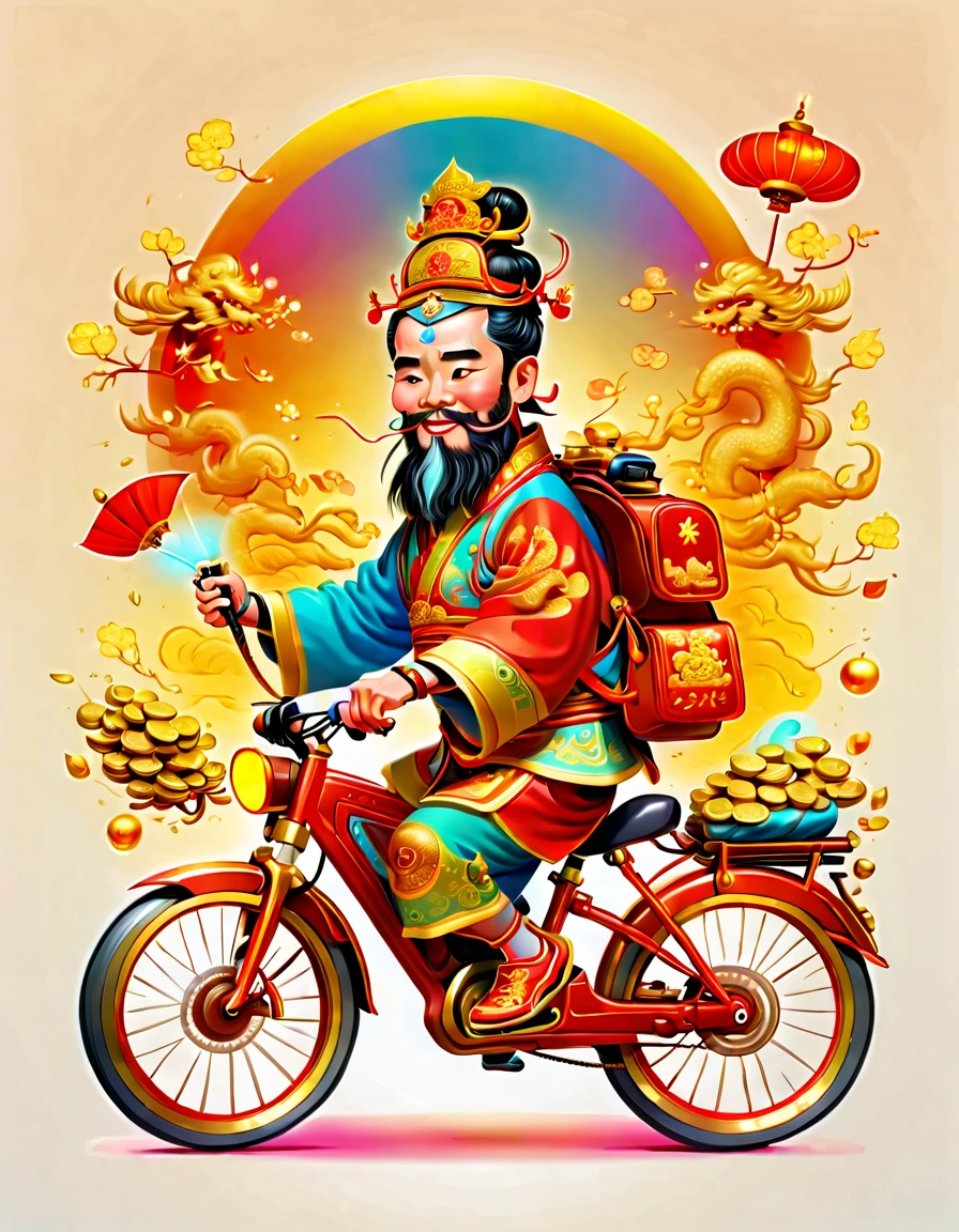 pixar style, (long shot: 1.8), (Chinese - chic Chinese mythological God of Wealth, anatomically correct, oriental elements), (A lovely God of Wealth,Riding an e-bike,Backpack packed with gold ingots,Treasures follow), (China - Stylish Illustration: 1.5, Vector Drawing: 1.5), (Chinese Colors, Advanced Color Matching, Gradient Background, White Background: 1.5), (Very Detailed, Well Designed, Clear Lines, High Definition, Best Quality, Masterpiece, Official Art, Cinematic Lighting Effects, 8K)